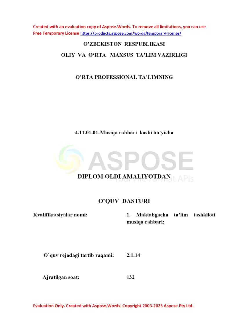 O’quv dasturi – Musiqa rahbari kasbi bo‘yicha diplom oldi amaliyot 1
