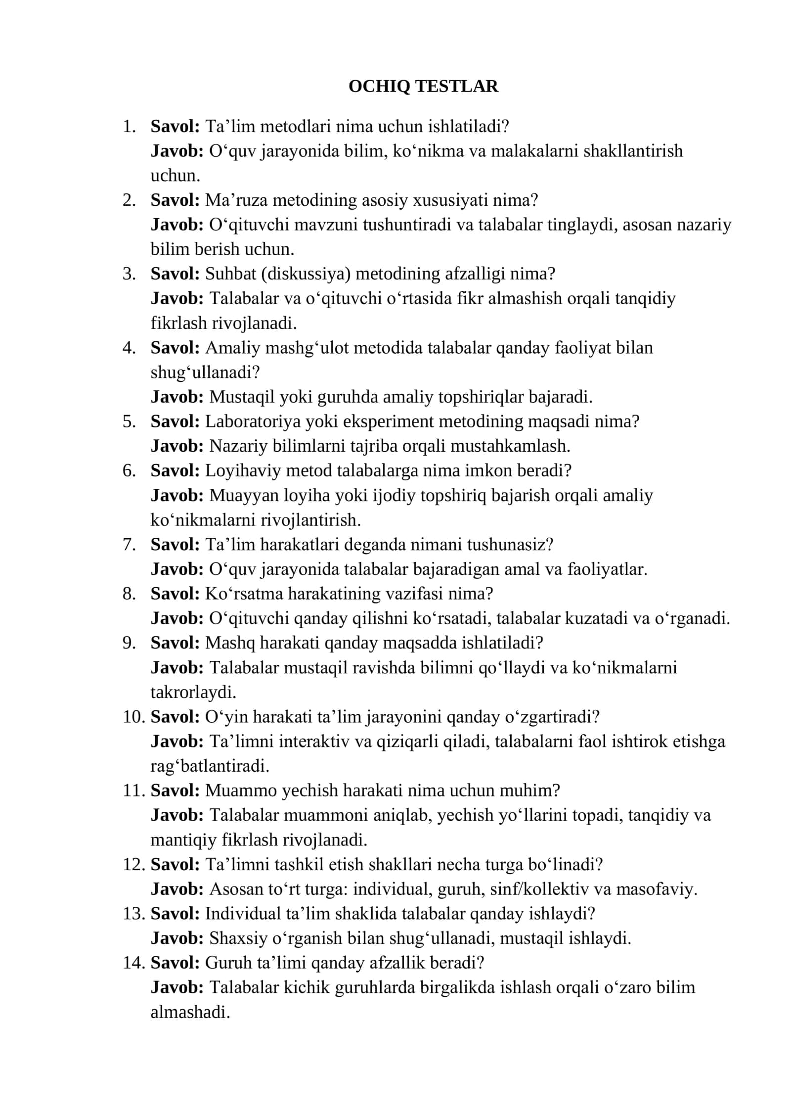 PEDAGOGIKA OCHIQ TESTLAR 1