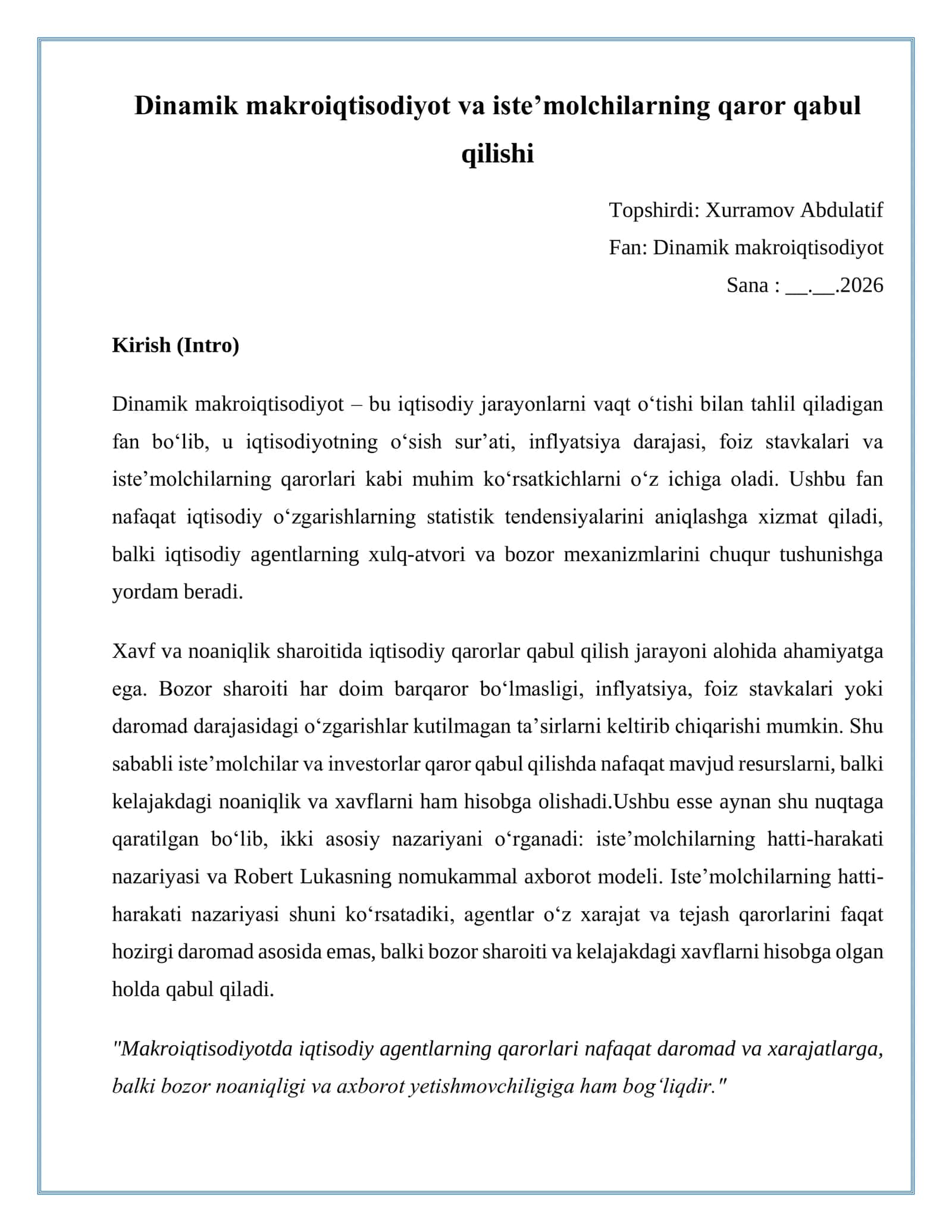 Dinamik makroiqtisodiyot va iste’molchilarning qaror qabul qilishi 1