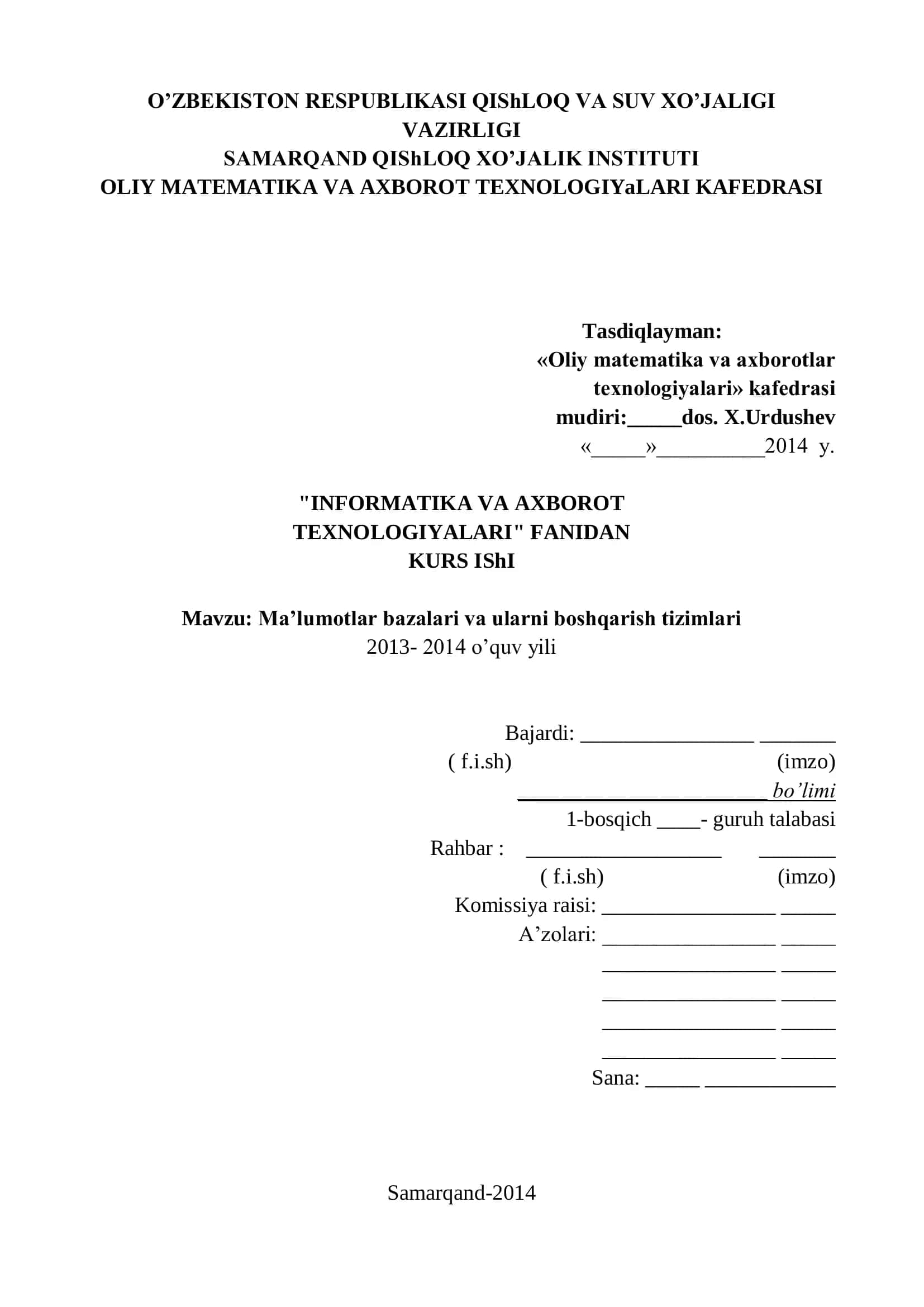 Ma’lumotlar bazalari va ularni boshqarish tizimlari 1