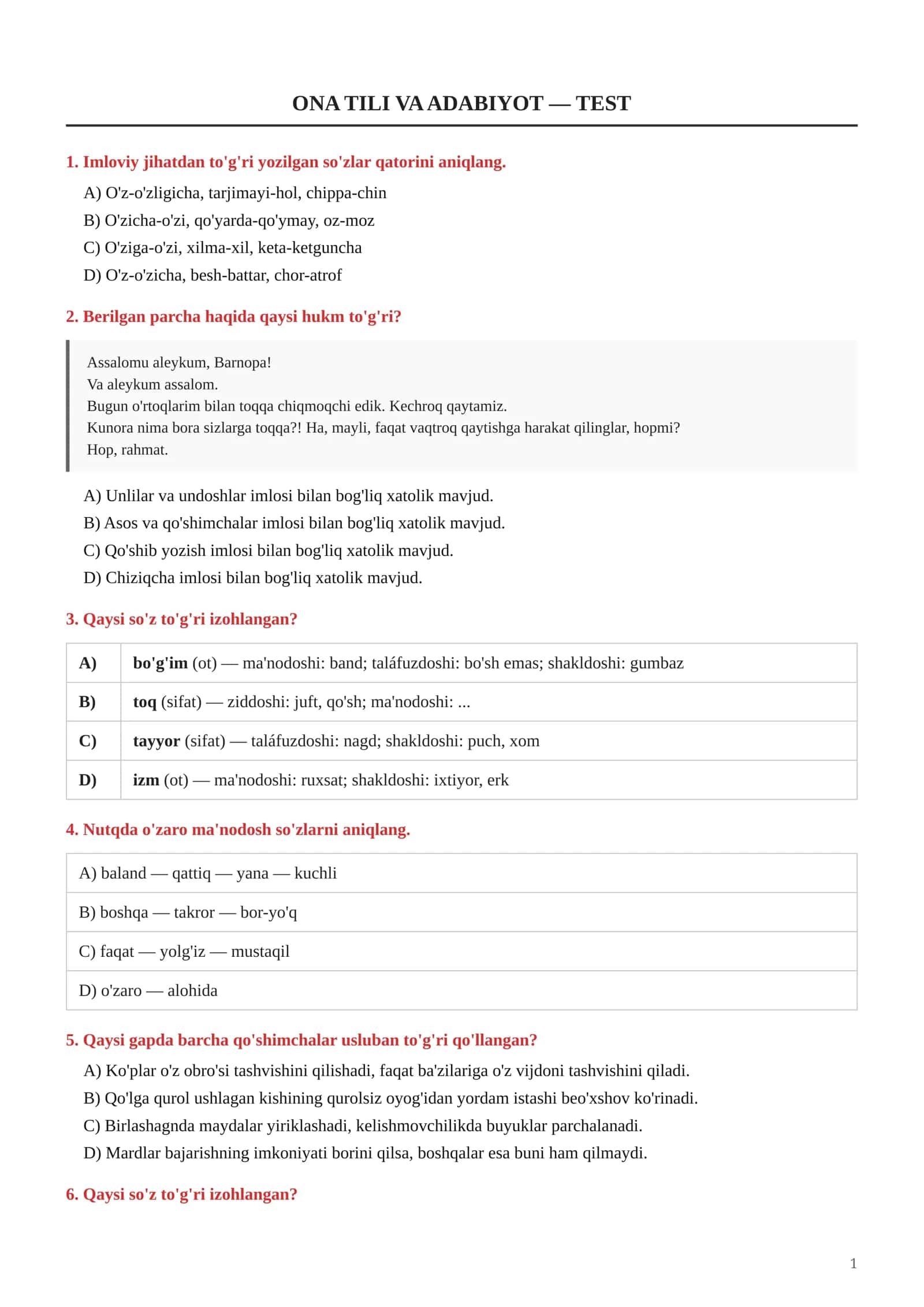 ONA TILI VA ADABIYOT — TEST 1