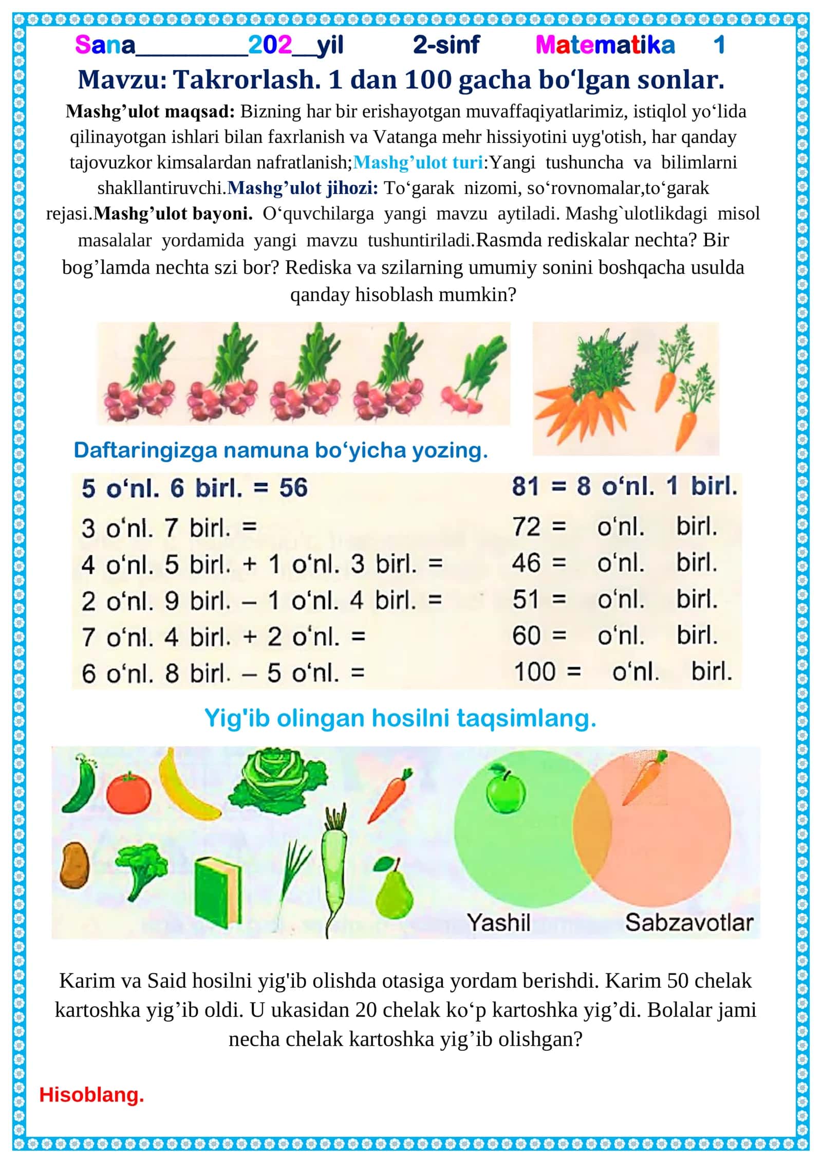 2-sinf Matematika To'garak Dars konspekti 34 Soatlik to'liq 1