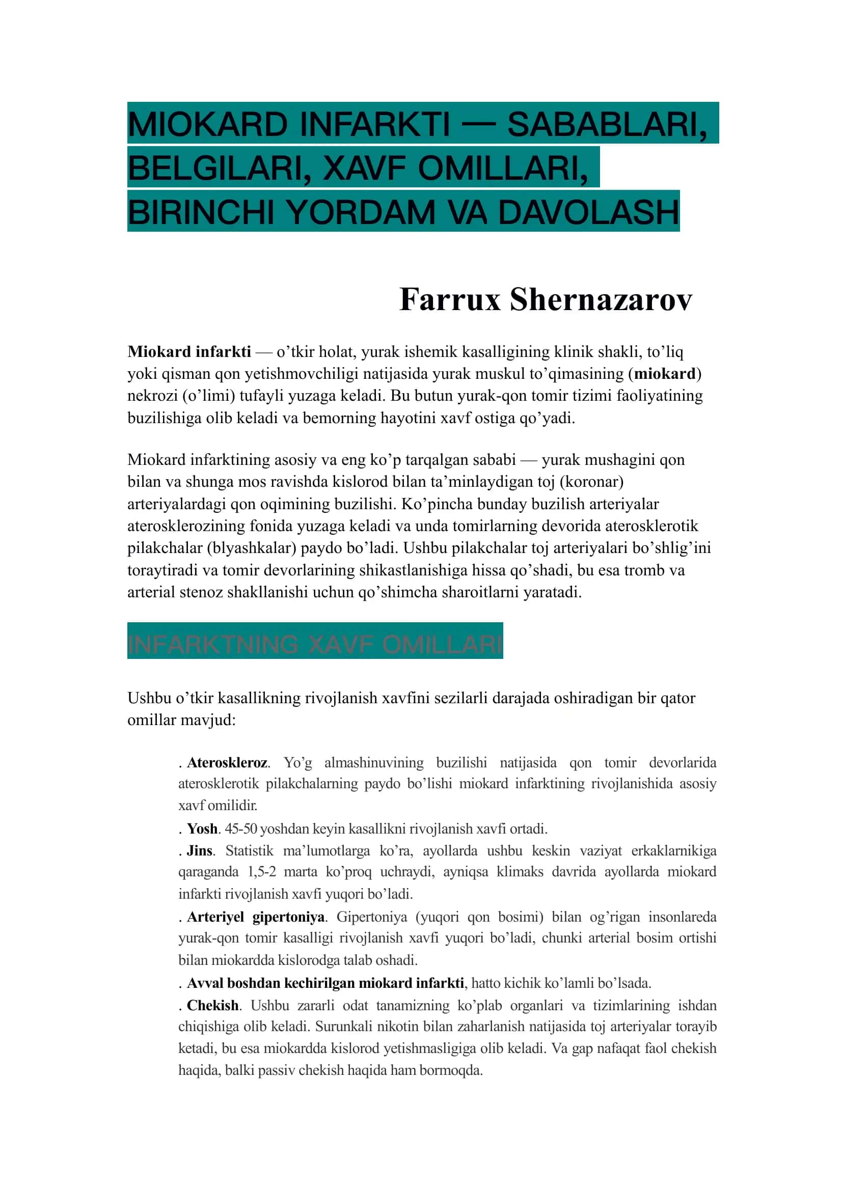 Miokard infarkti – sabablari, belgilari, xavf omillari, birinchi yordam va davolash 1
