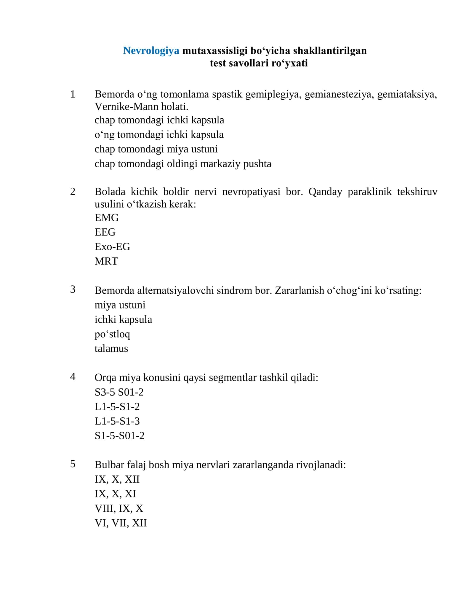 Nevrologiya mutaxassisligi test  2026 1