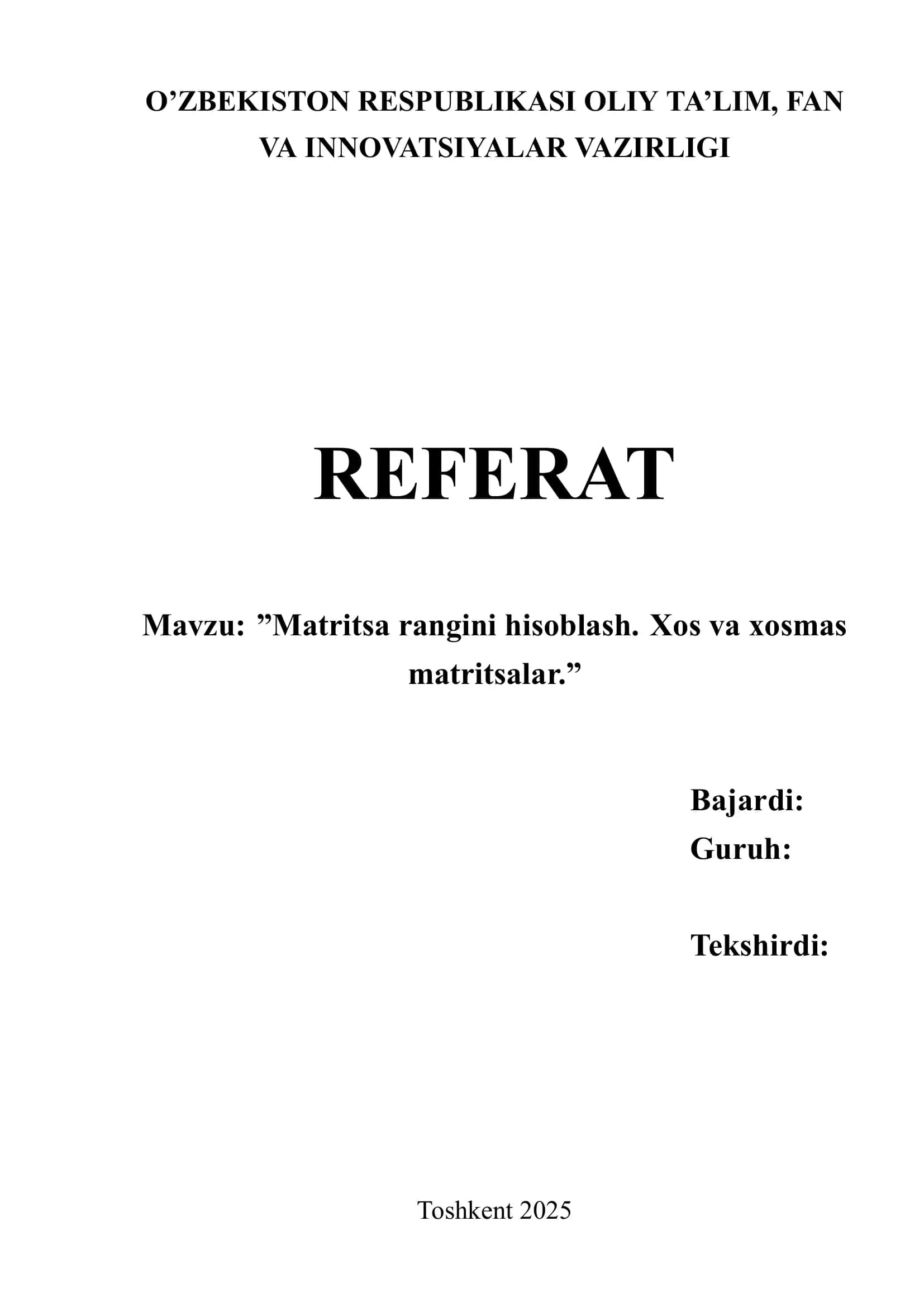 Matrisa rangini hisoblash.Xos va xosmas matrisalar 1