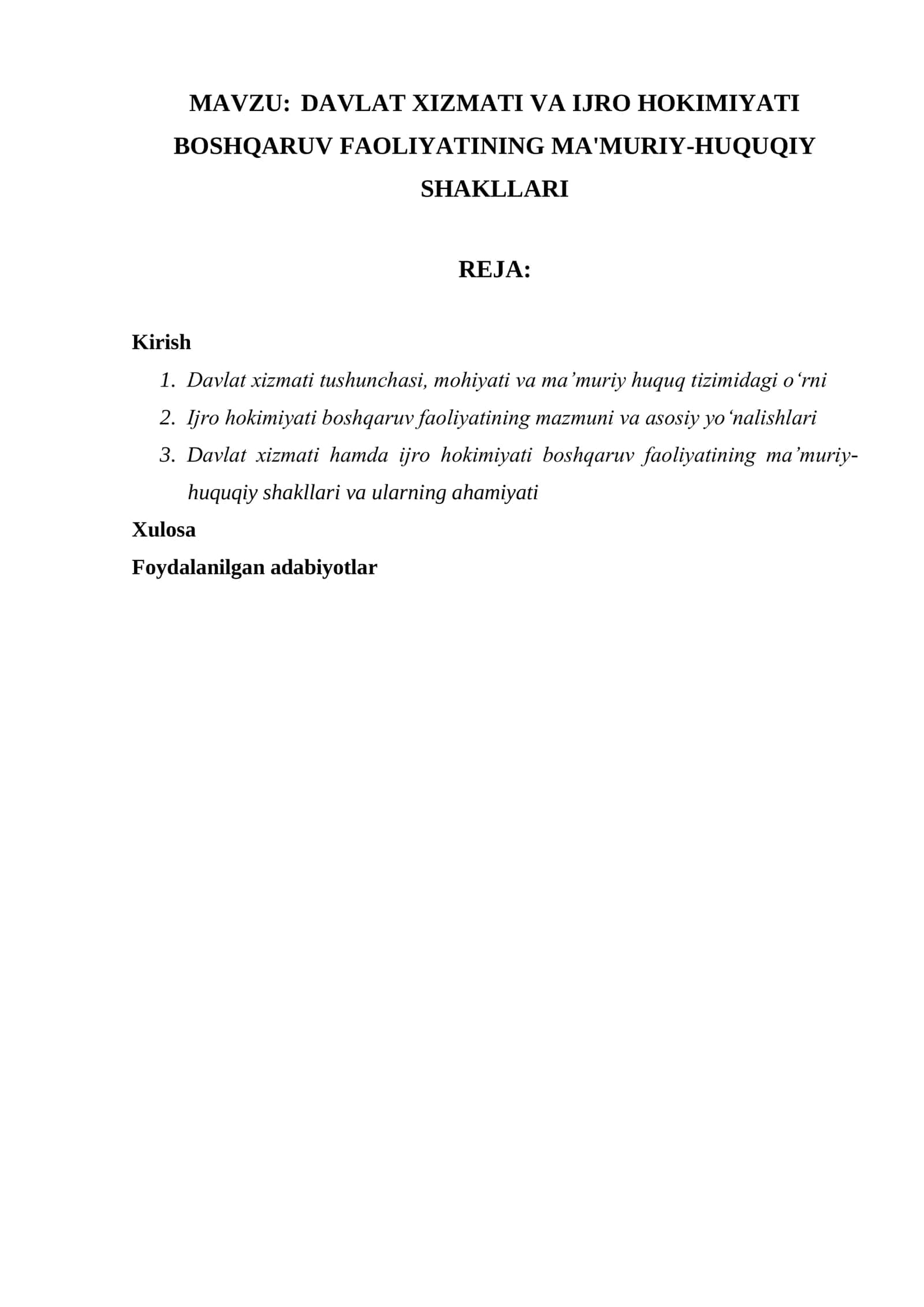 DAVLAT XIZMATI VA IJRO HOKIMIYATI BOSHQARUV FAOLIYATINING MA'MURIY-HUQUQIY SHAKLLARI 1