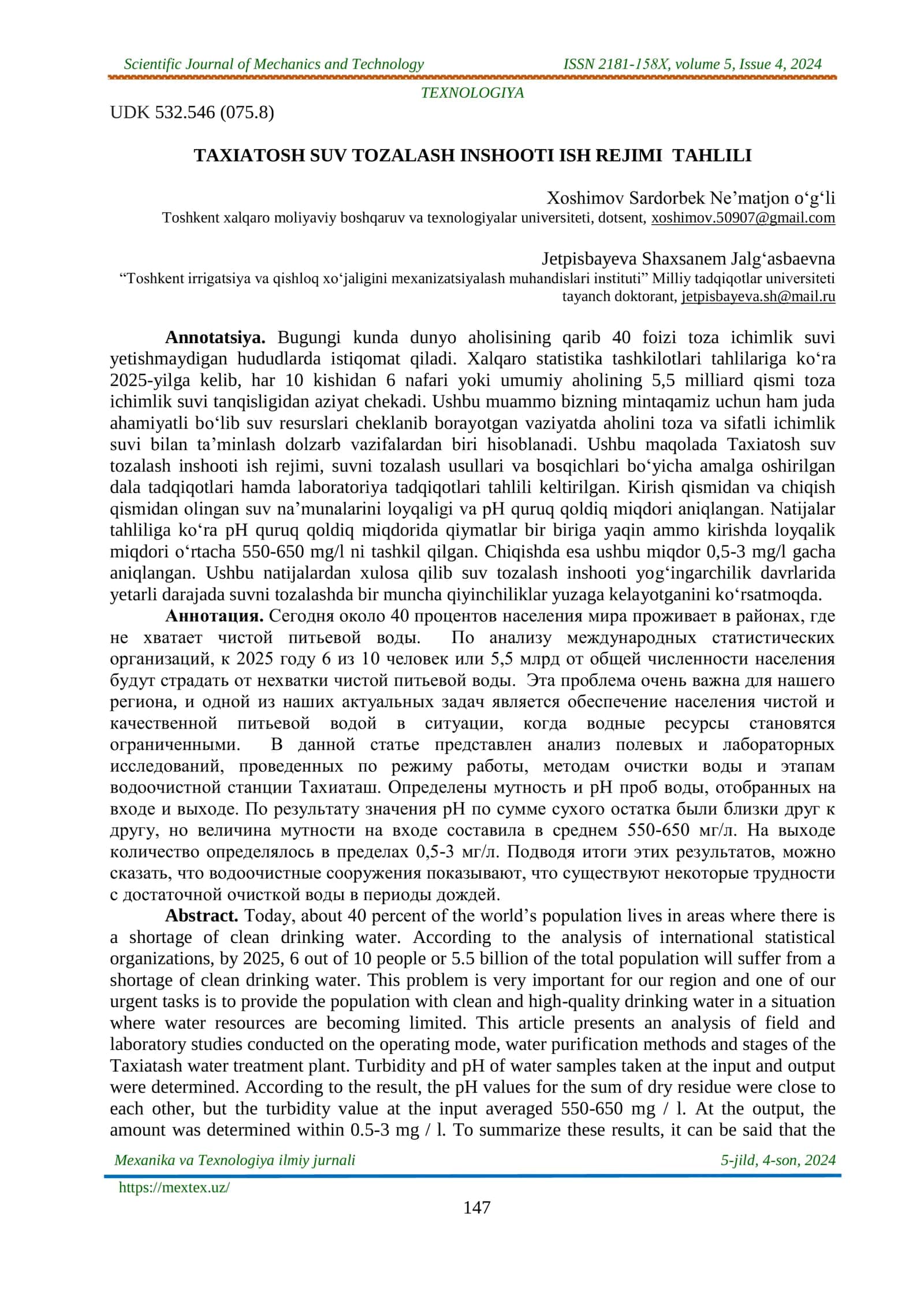 MEXANIKA VA TEXNOLOGIYA ILMIY JURNALI 1