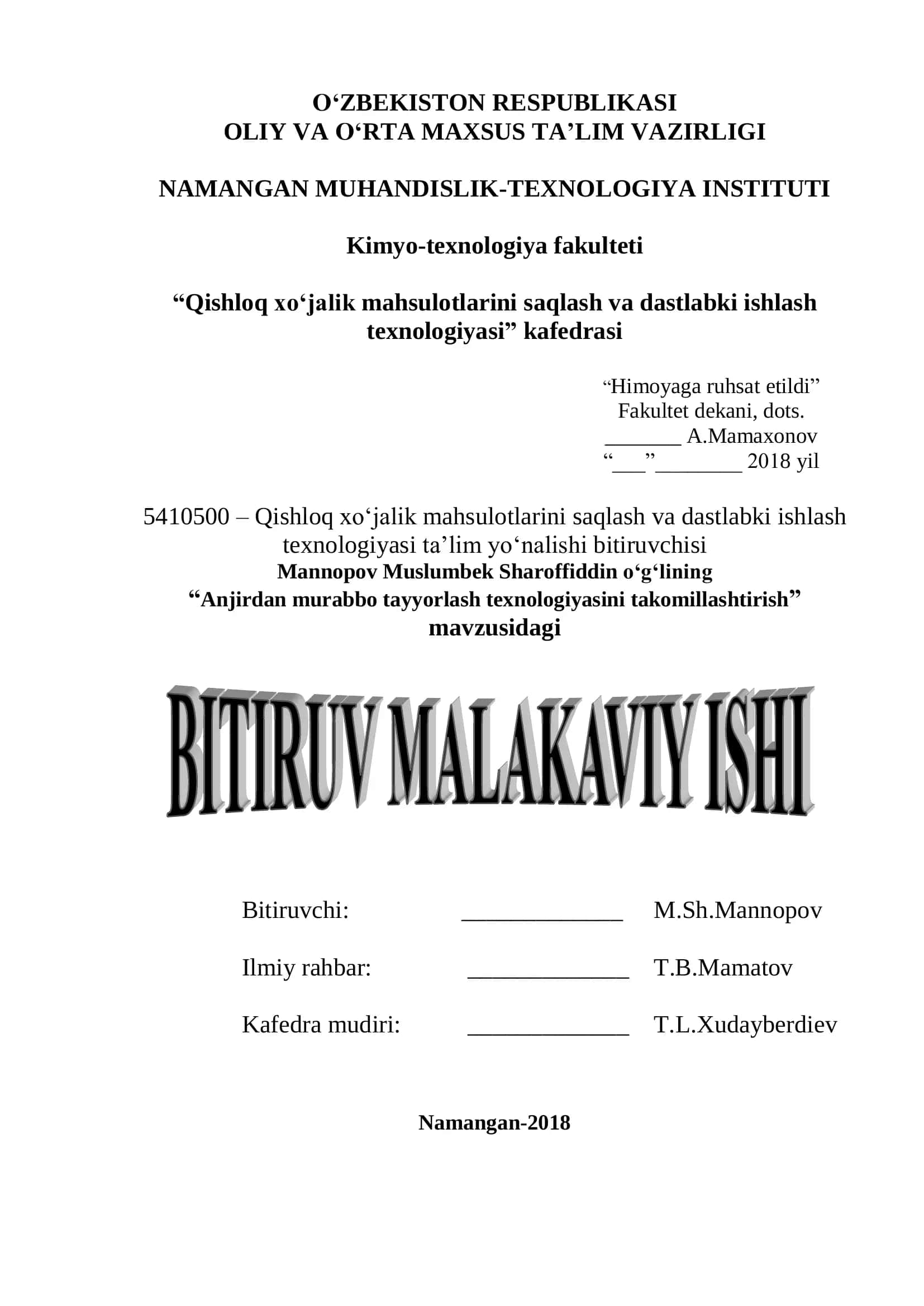 Qishloq xo‘jalik mahsulotlarini saqlash va dastlabki ishlash texnologiyasi ta’lim yo‘nalishi 1