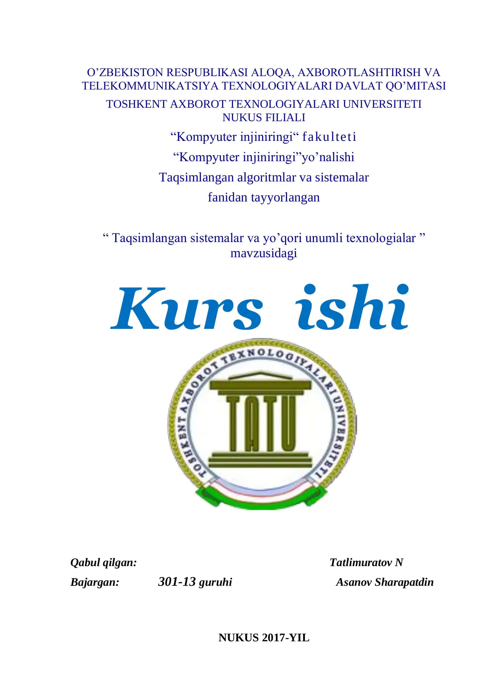 Taqsimlangan sistemalar va yo’qori unumli texnologialar 1