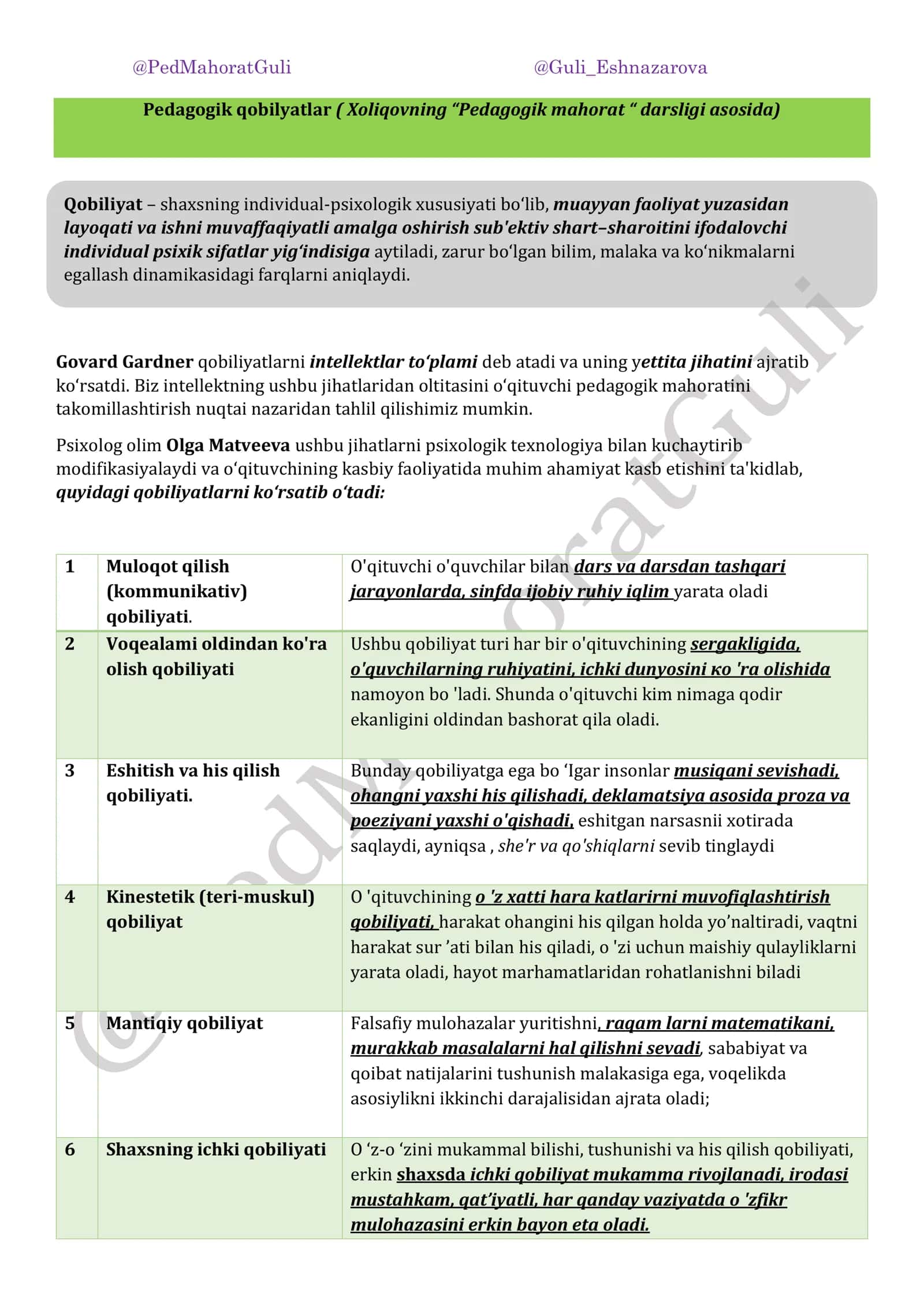 Pedagogik qobilyatlar (Xoliqovning "Pedagogik mahorat" darsligi asosida) 1