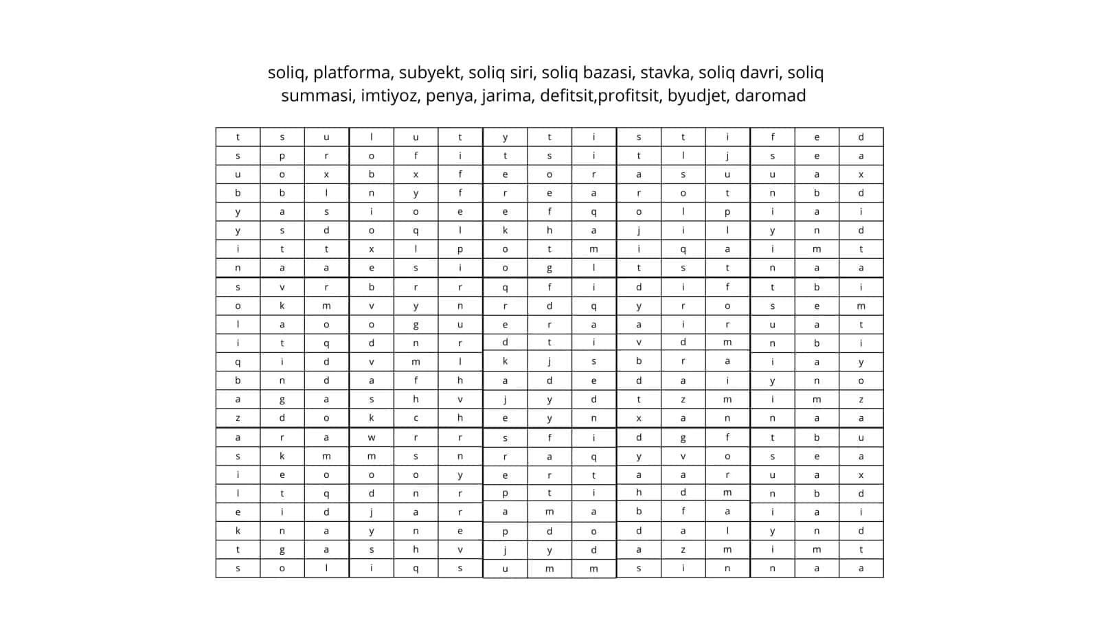 soliq, platforma, subyekt, soliq siri, soliq bazasi, stavka, soliq davri, soliq summasi, imtiyoz, penya, jarima, defitsit,profitsit, byudjet, daromad 1