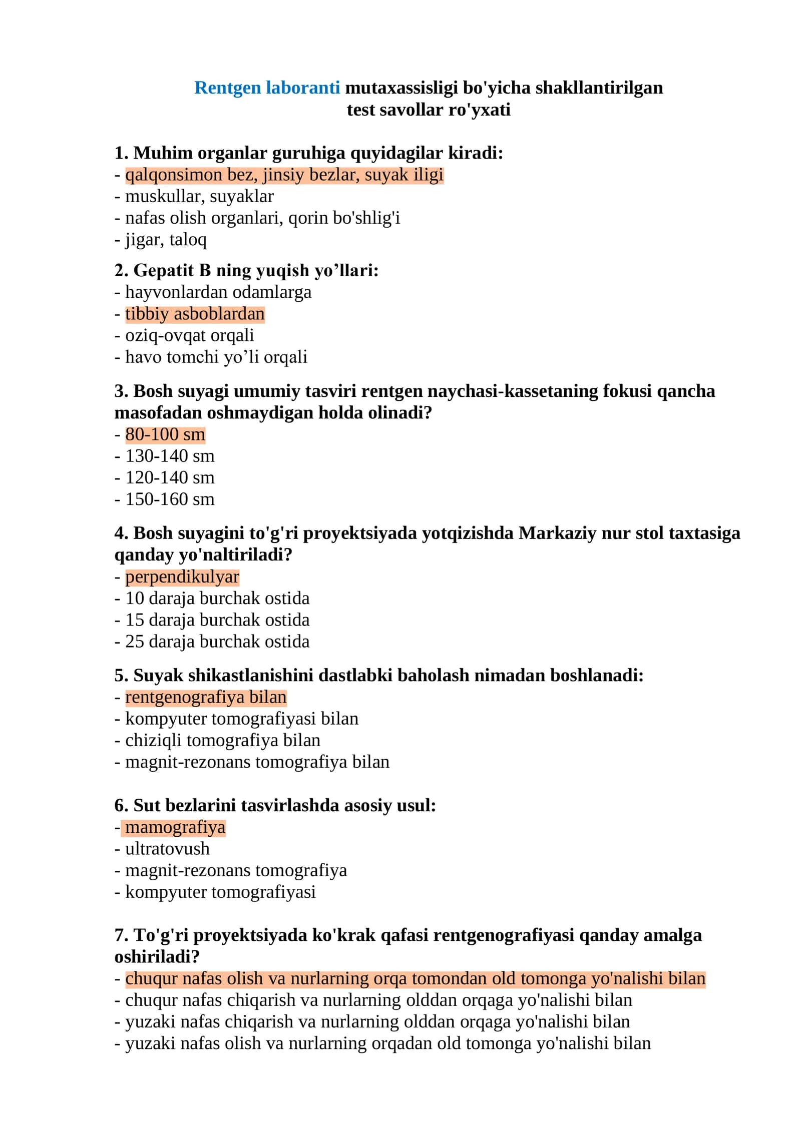Rentgen laboranti mutaxassisligi bo'yicha shakllantirilgan test argos 1