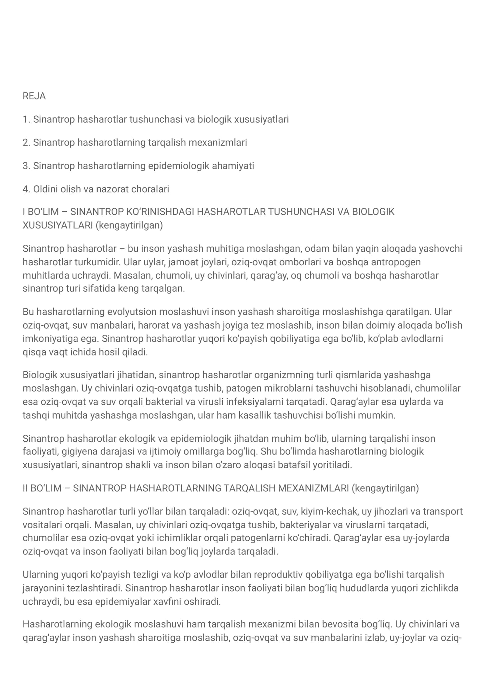 Sinantrop hasharotlar tushunchasi va biologik xususiyatlari 1