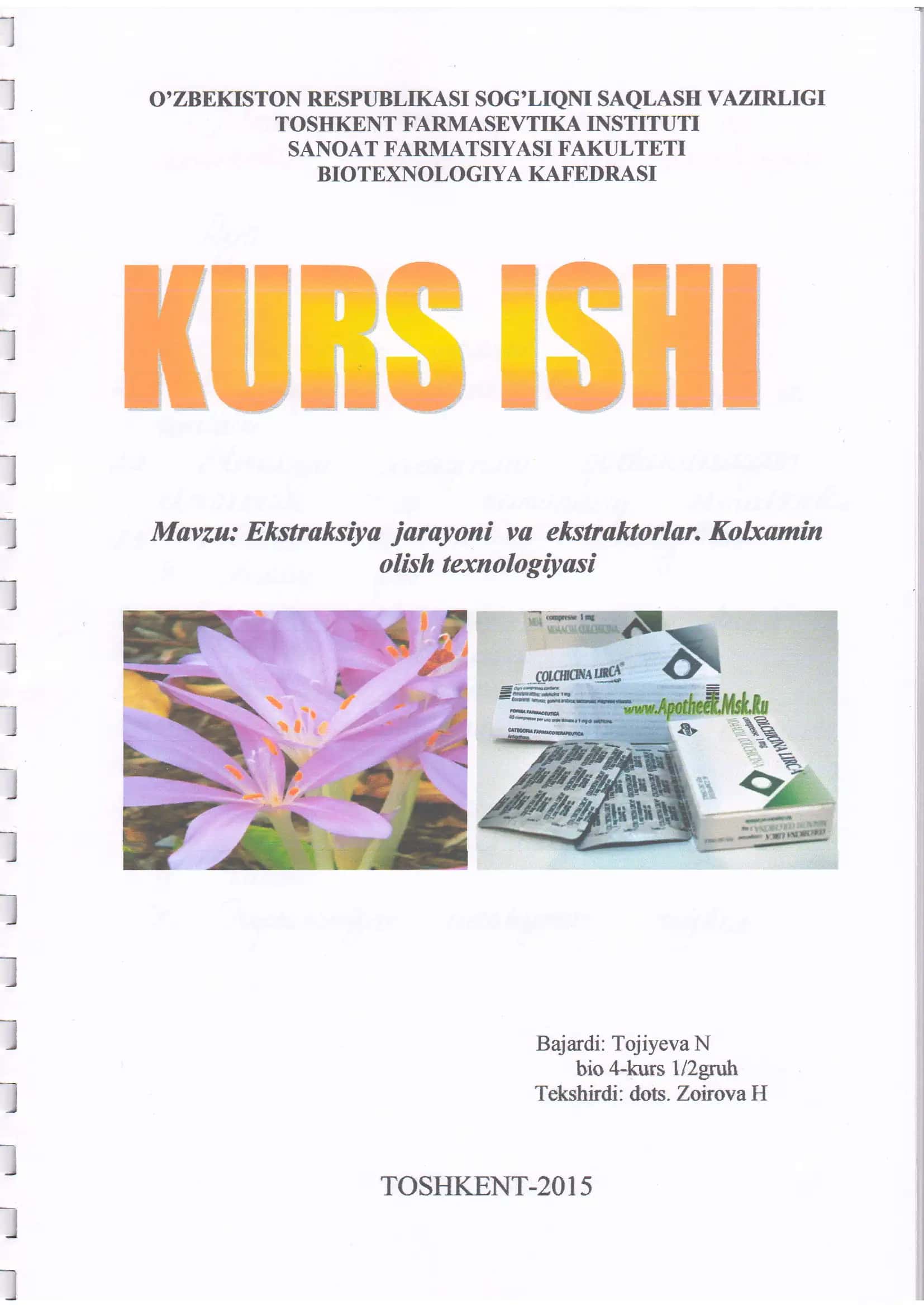 Ehstraksiya jarayoni vu ekstrahtorlan Kolxamin olish texnologiyasi 1
