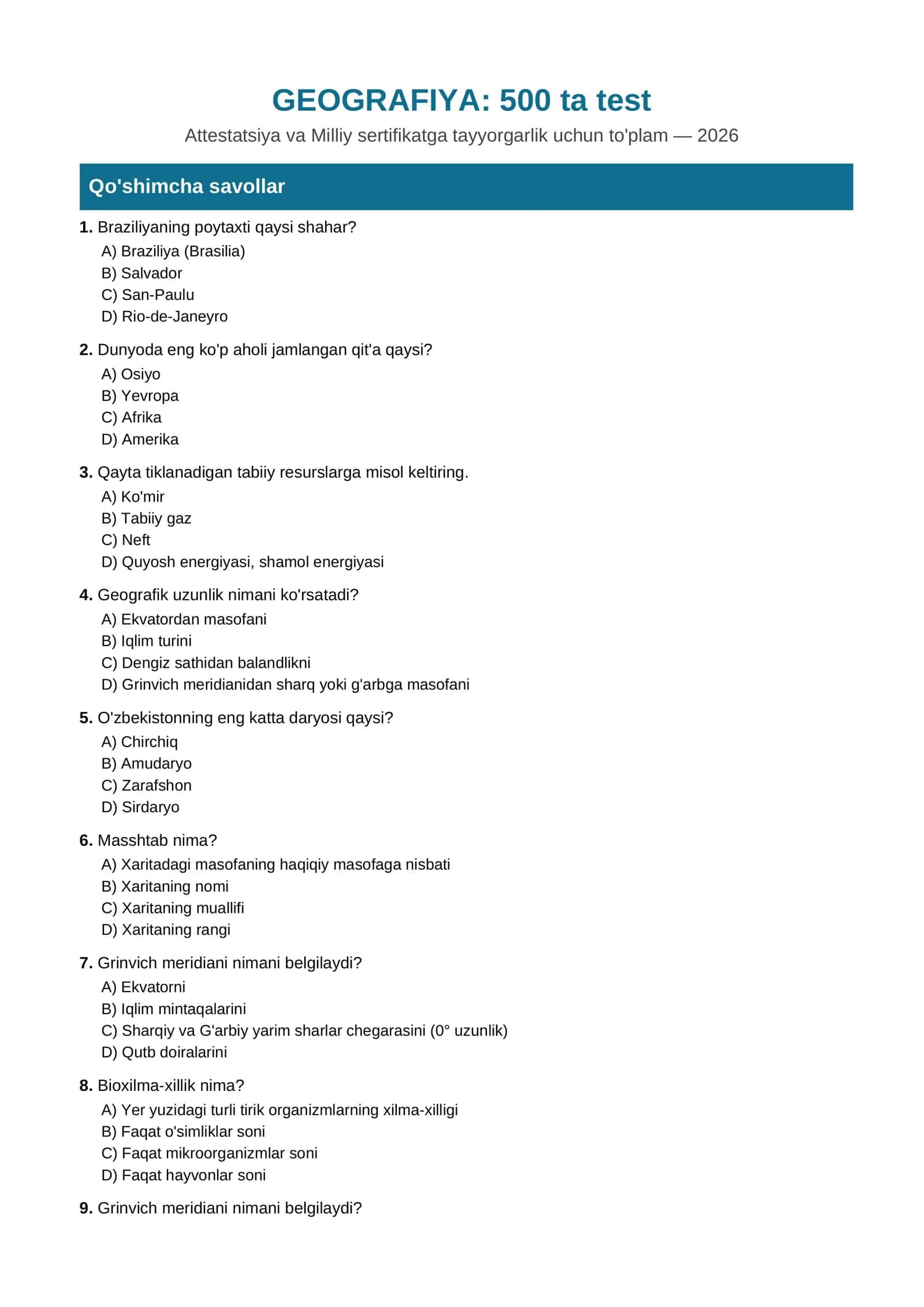 GEOGRAFIYA: 500 ta test 1