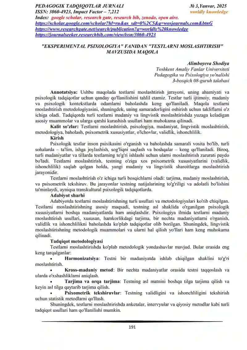"EKSPERIMENTAL PSIXOLOGIYA" FANIDAN "TESTLARNI MOSLASHTIRISH" MAVZUSIDA MAQOLA 1