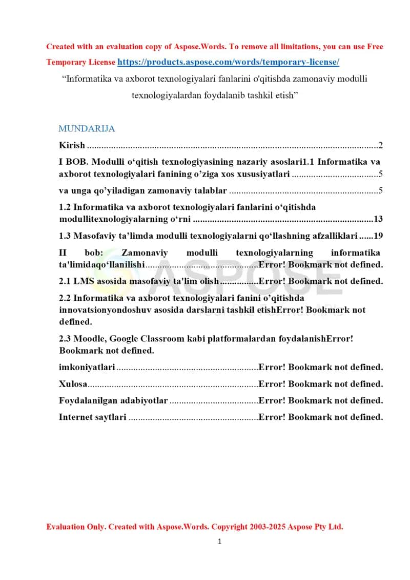 "Informаtikа vа аxborot tеxnologiyаlаri fаnlаrini o'qitishdа zаmonаviy modulli tеxnologiyаlаrdаn foydаlаnib tаshkil еtish" DIPLOM ISHI 1