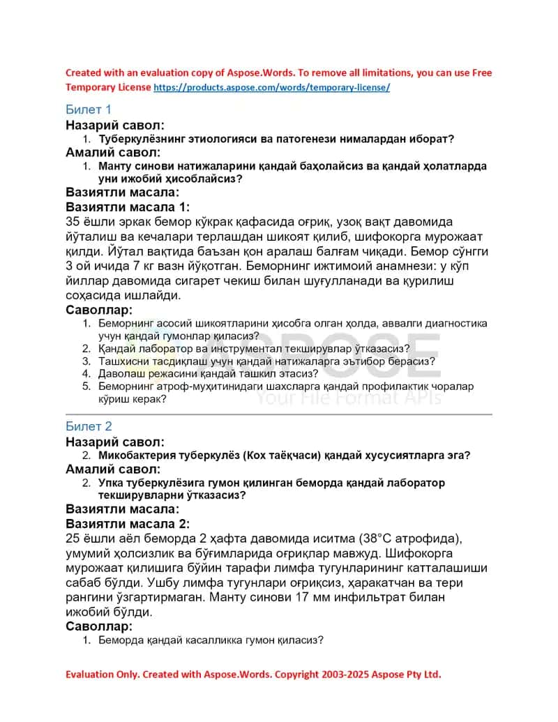 Tuberkulёz mavzusida nazariy va amaliy savollar (Biletlar 1–7) 1