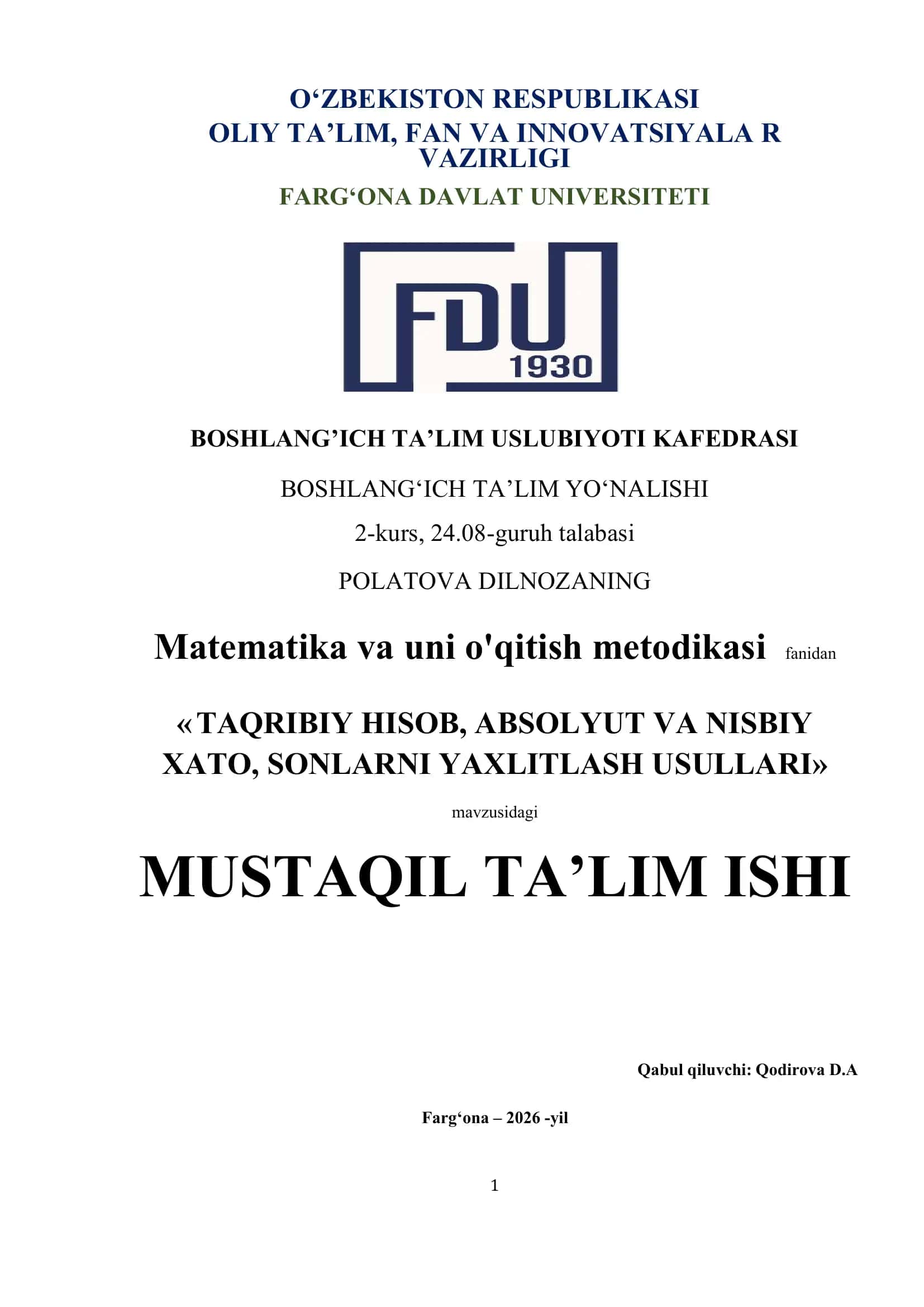 Matematika va uni o'qitish metodikasi fanidan 1