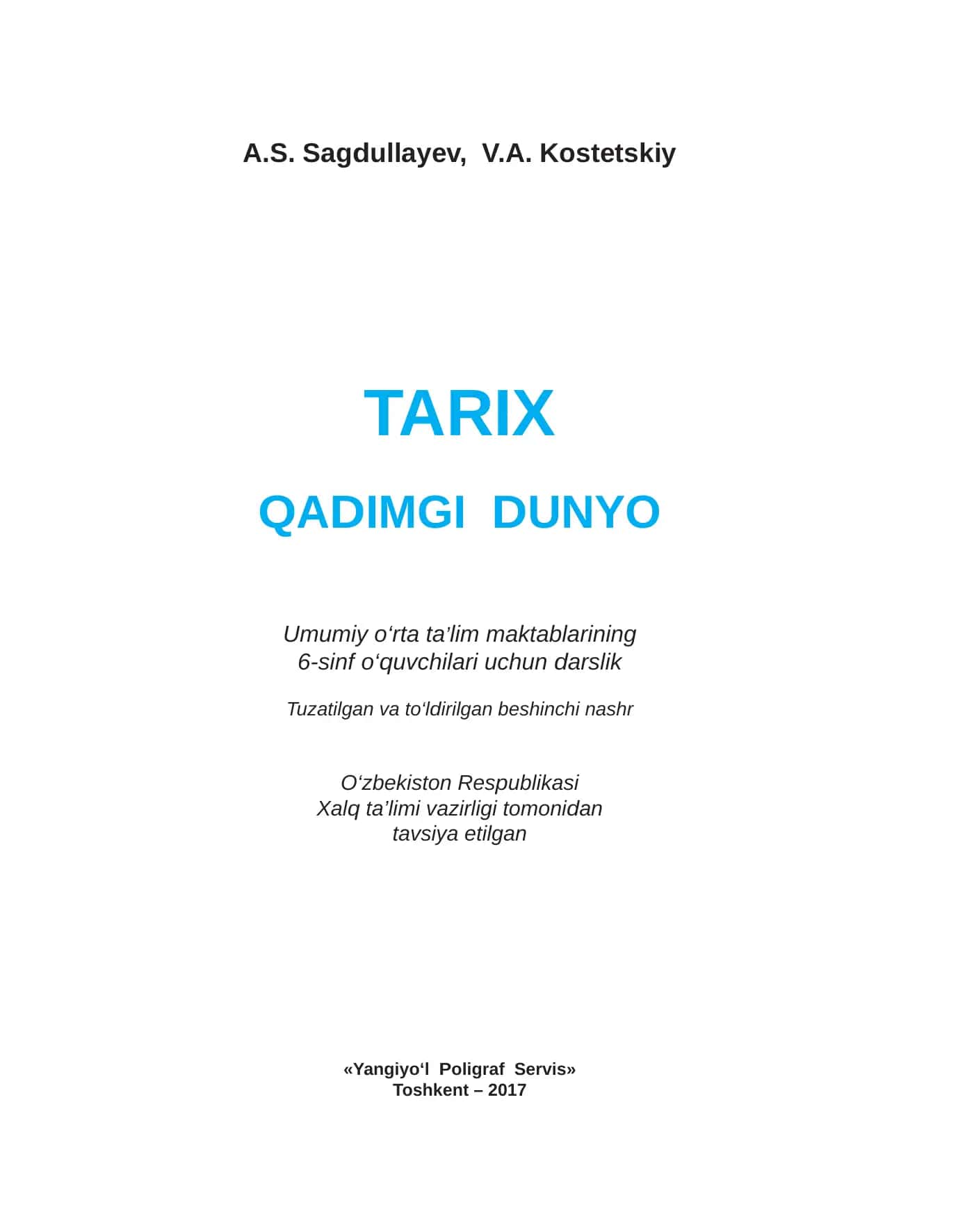 Tarix. Qadimgi dunyo 6-sinf: umumiy o‘rta ta’lim maktablarining 6-sinfi uchun darslik 1