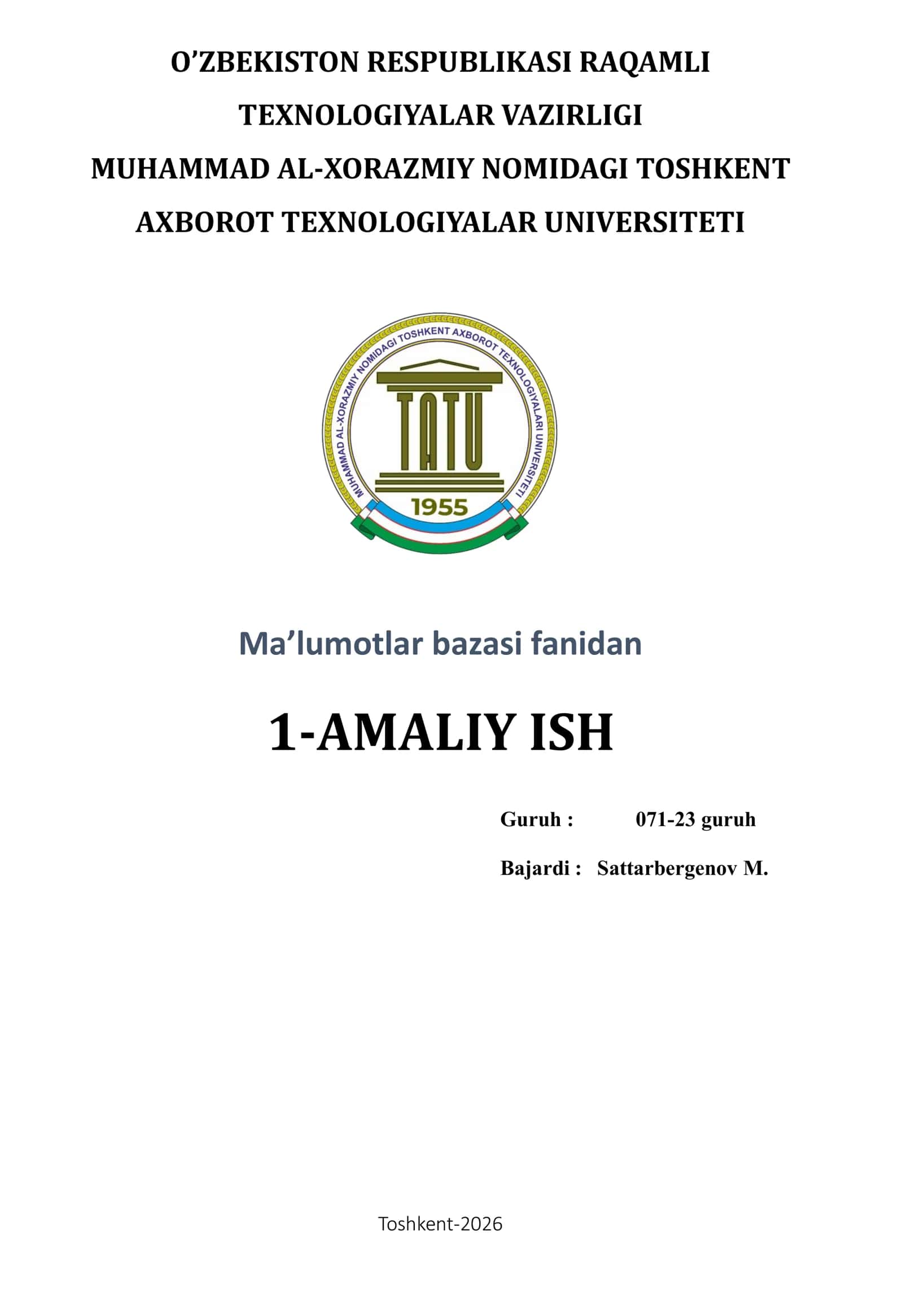 Ma’lumotlar bazasi loyihalash 1