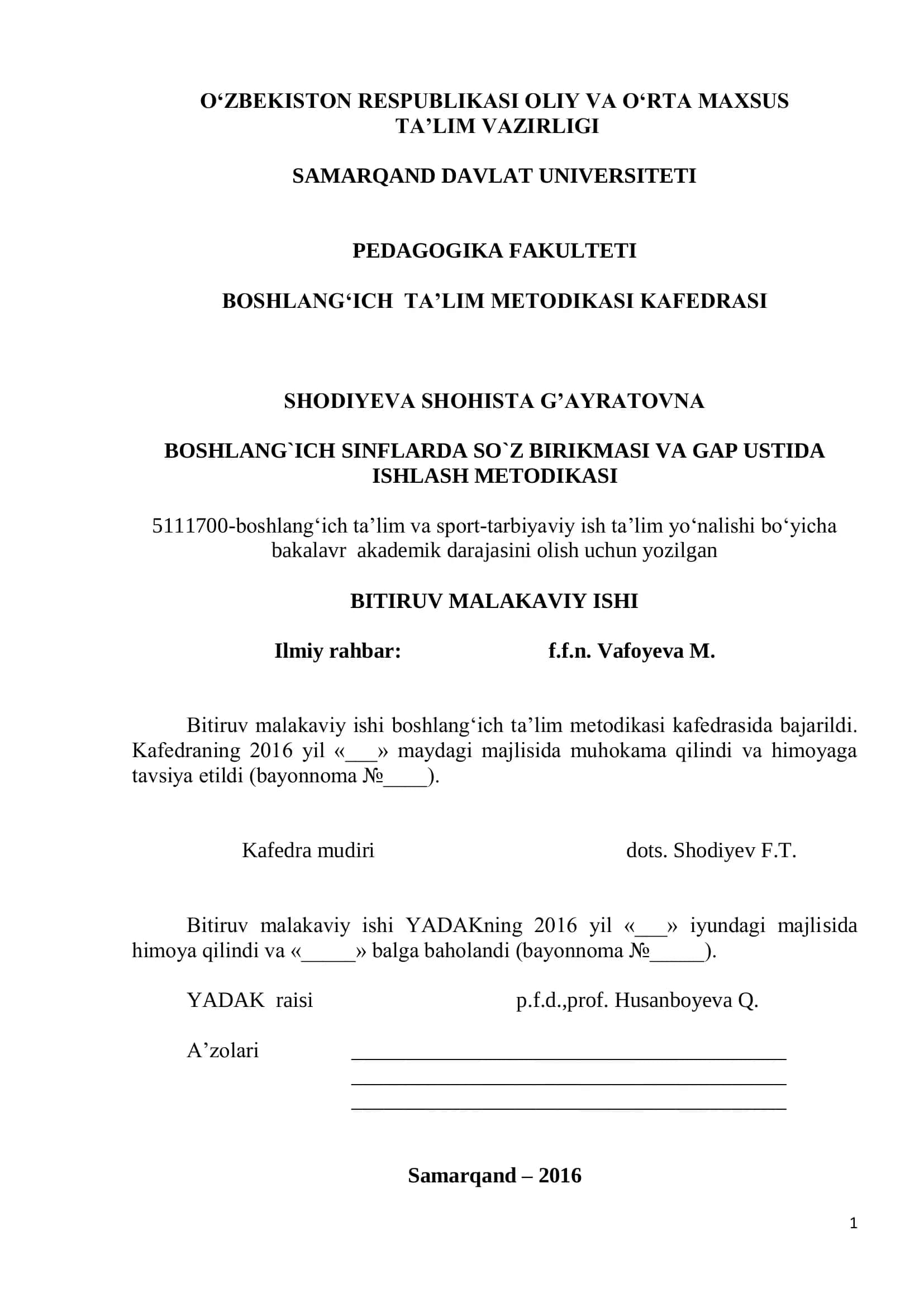Boshlang`ich sinflarda so`z birikmasi va gap ustida ishlash metodikasi 1