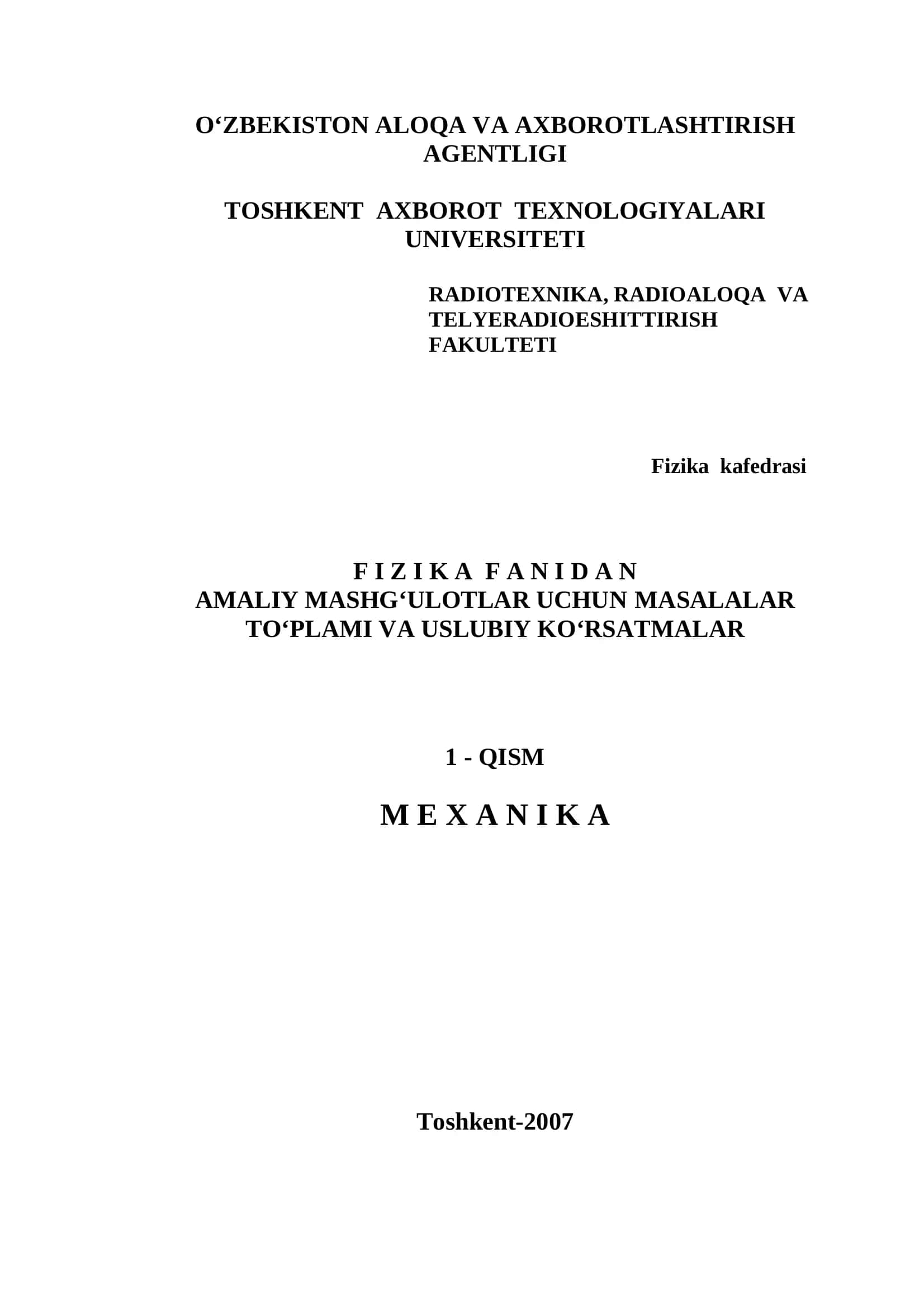 Amaliy Mashg'ulotlar Uchun Masalalar Toplami va Uslubiy Ko'rsatmalar 1