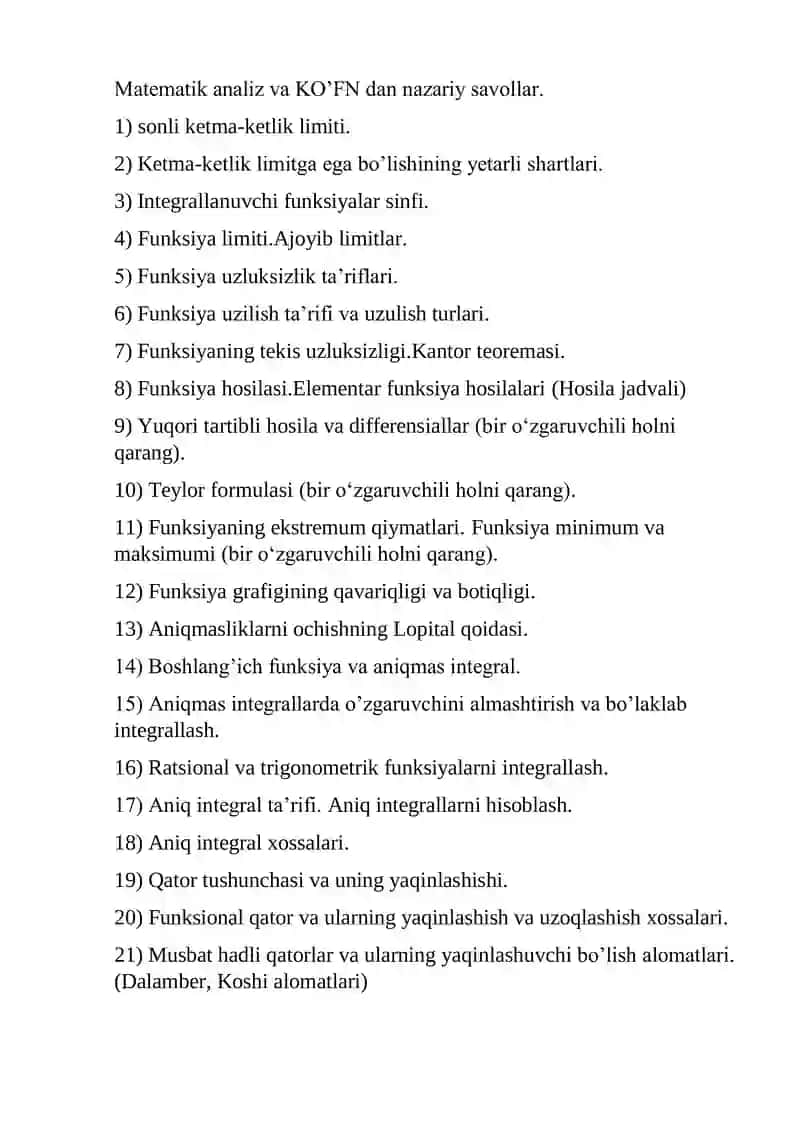 Matematika va kompleks analiz,algebra fanlaridan atestatsiya