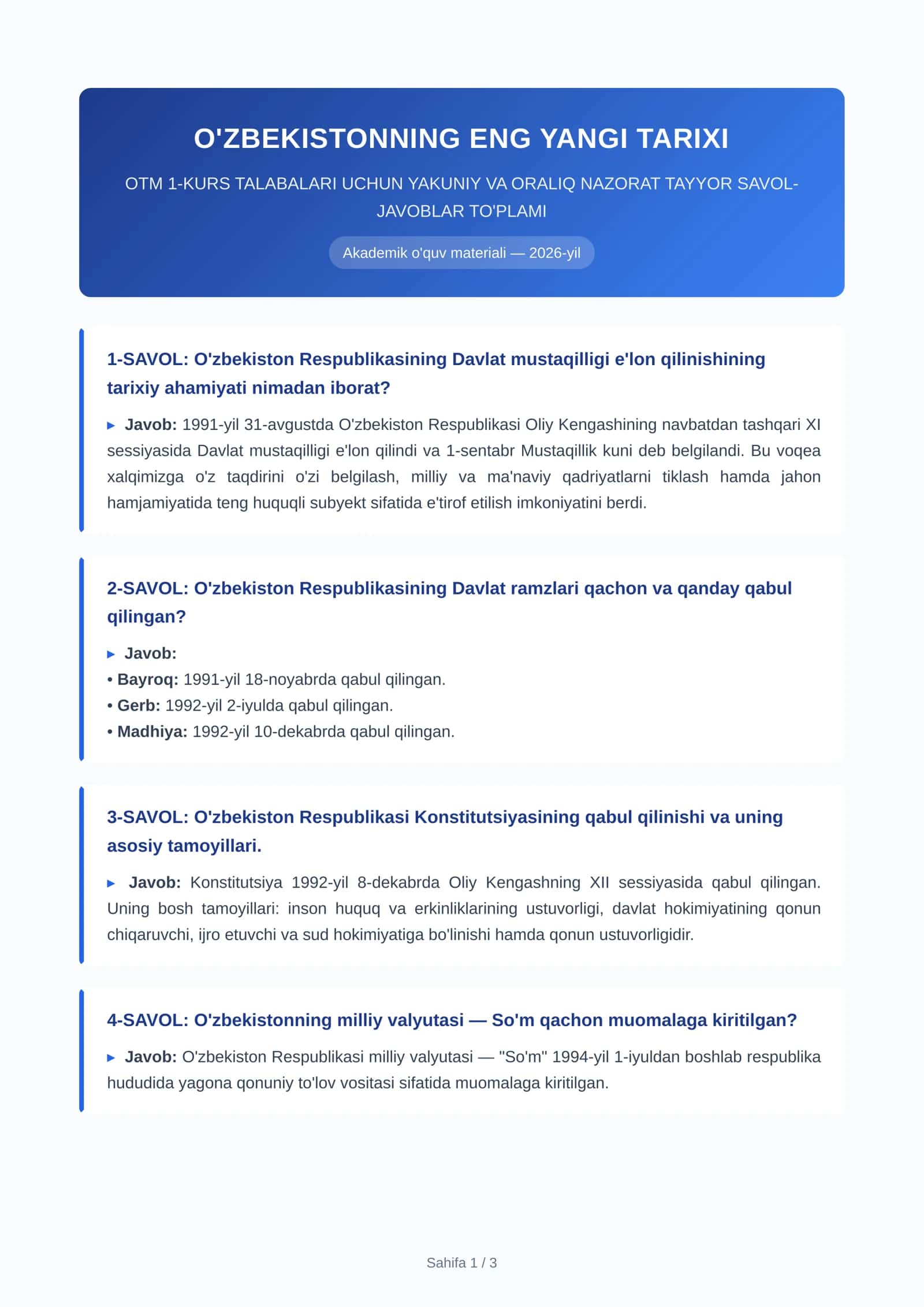 OTM 1-ku O'zbekistonning eng yangi tarixi fanidan YN va ON tayyor savol-javoblar to'plami (PDF 1