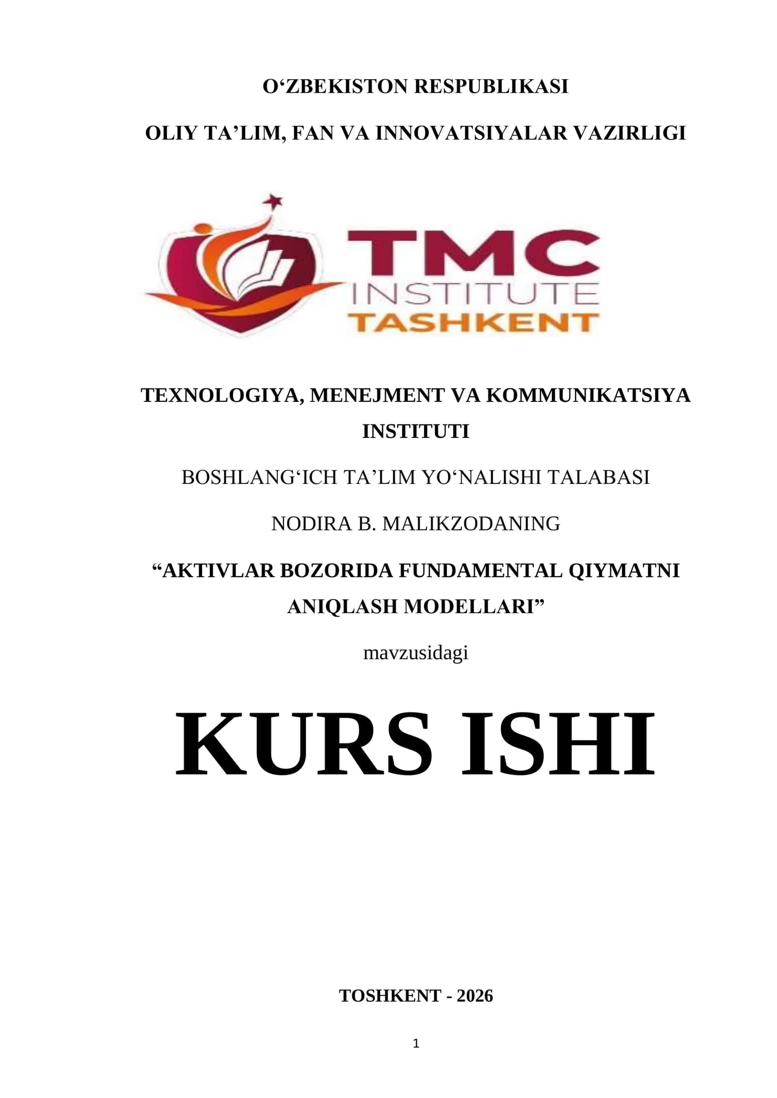 AKTIVLAR BOZORIDA FUNDAMENTAL QIYMATNI ANIQLASH MODELLARI 1