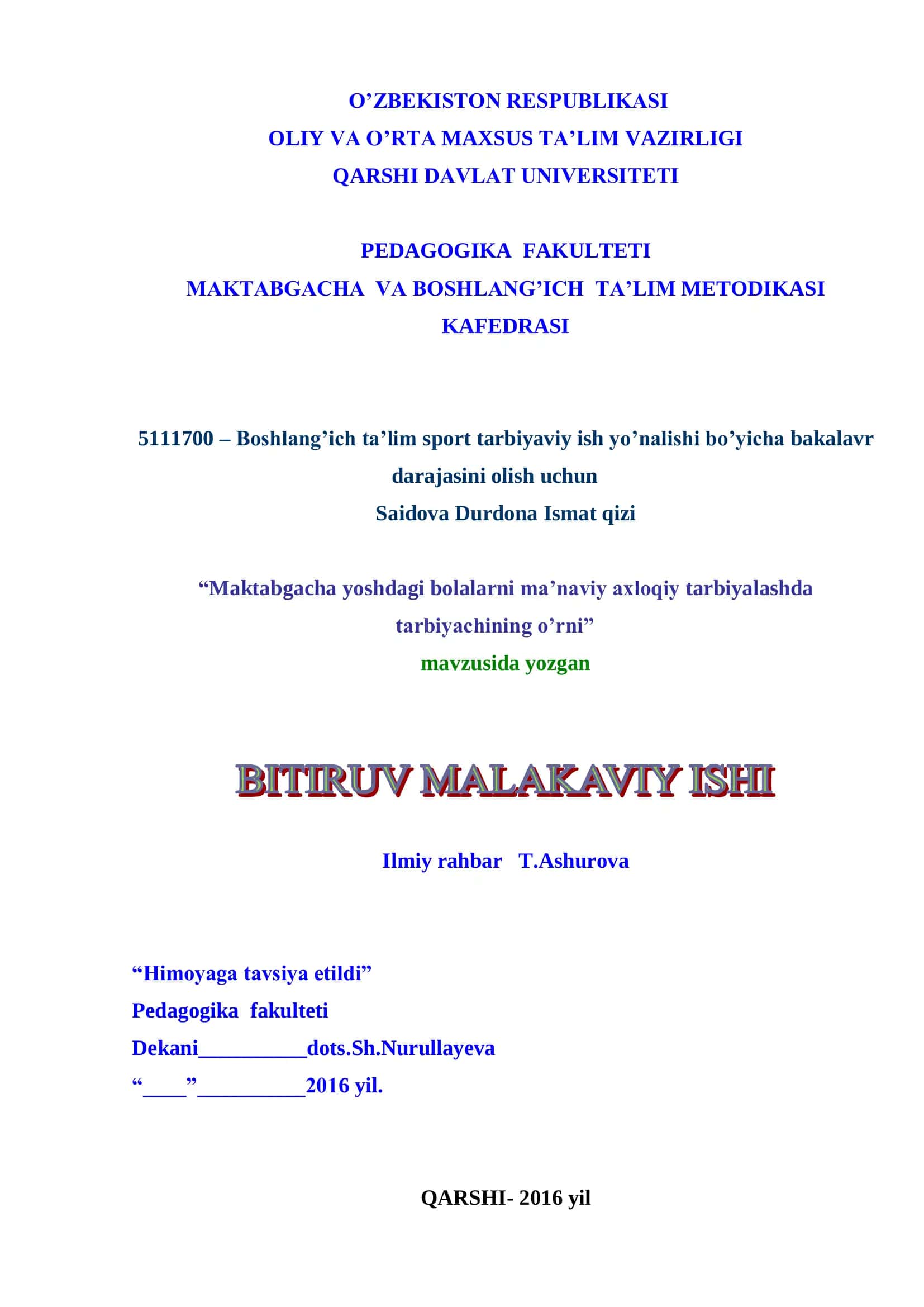 Boshlang‟ich ta‟lim sport tarbiyaviy ish yo‟nalishi bo‟yicha bakalavr darajasini olish 1