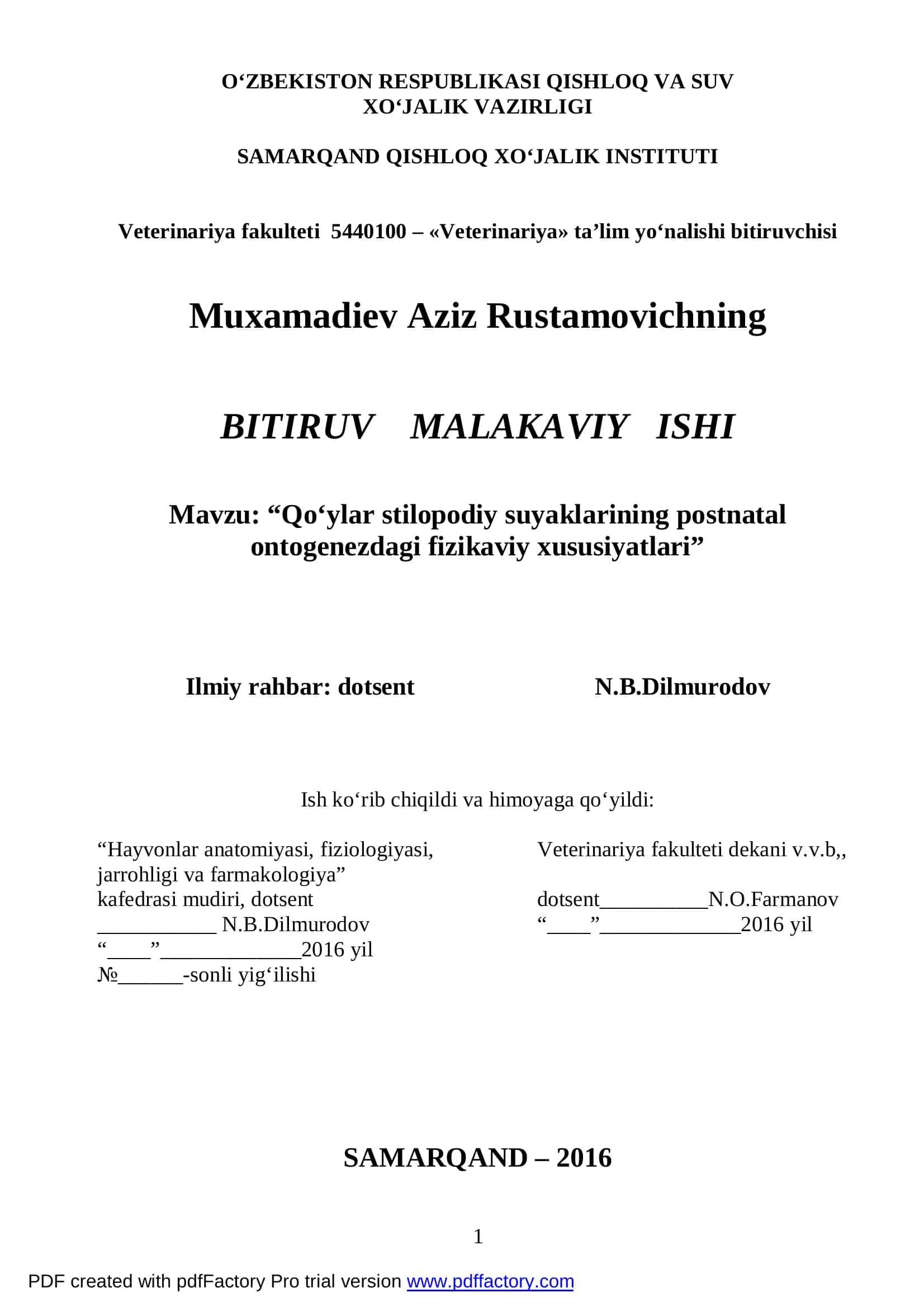 Qo‘ylar stilopodiy suyaklarining postnatal ontogenezdagi fizikaviy xususiyatlari 1