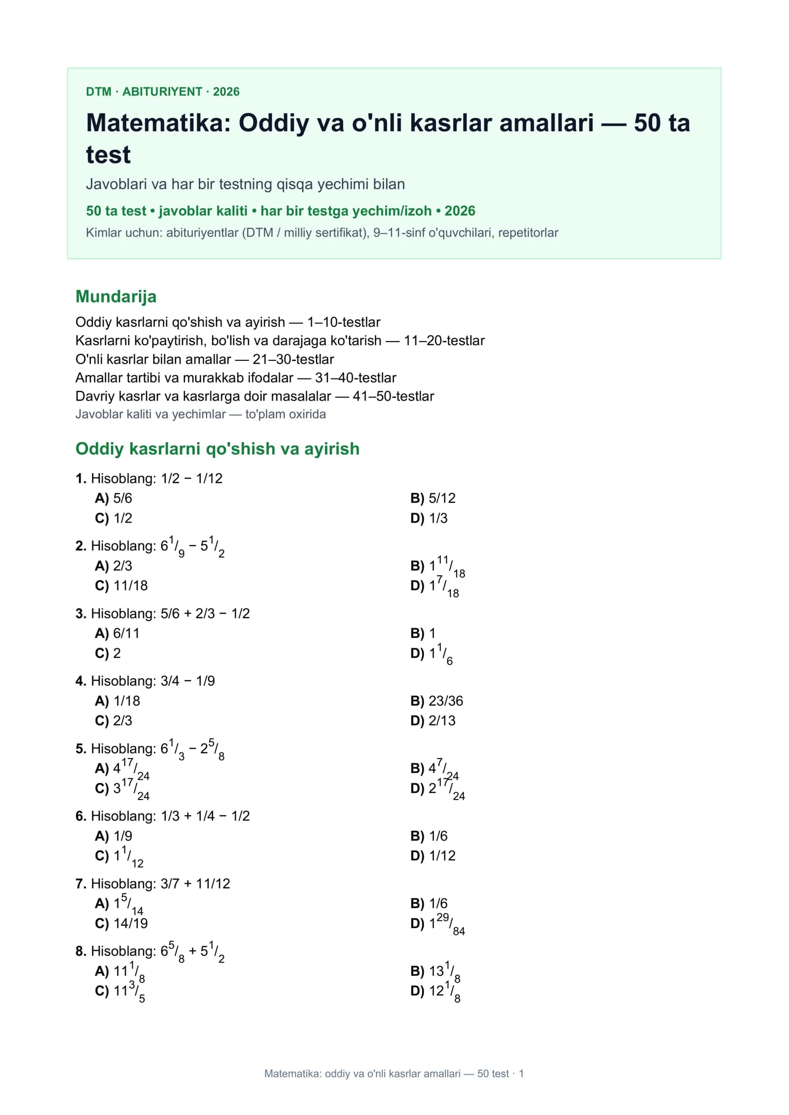 Oddiy va o'nli kasrlar amallari 1