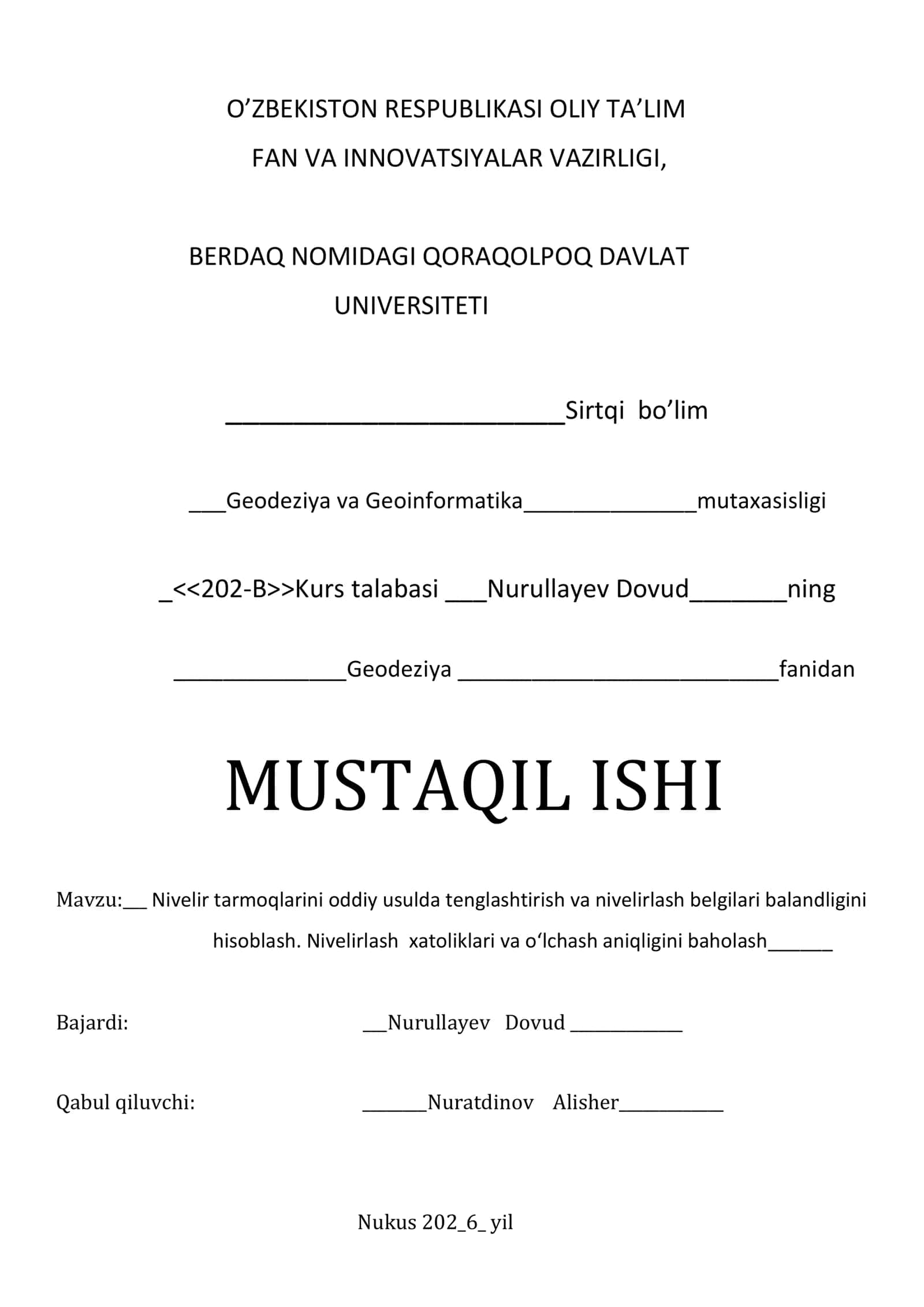 Nivelir tarmoqlarini oddiy usulda tenglashtirish va nivelirlash belgilari balandligini hisoblash. Nivelirlash xatoliklari va o‘lchash aniqligini baholash 1