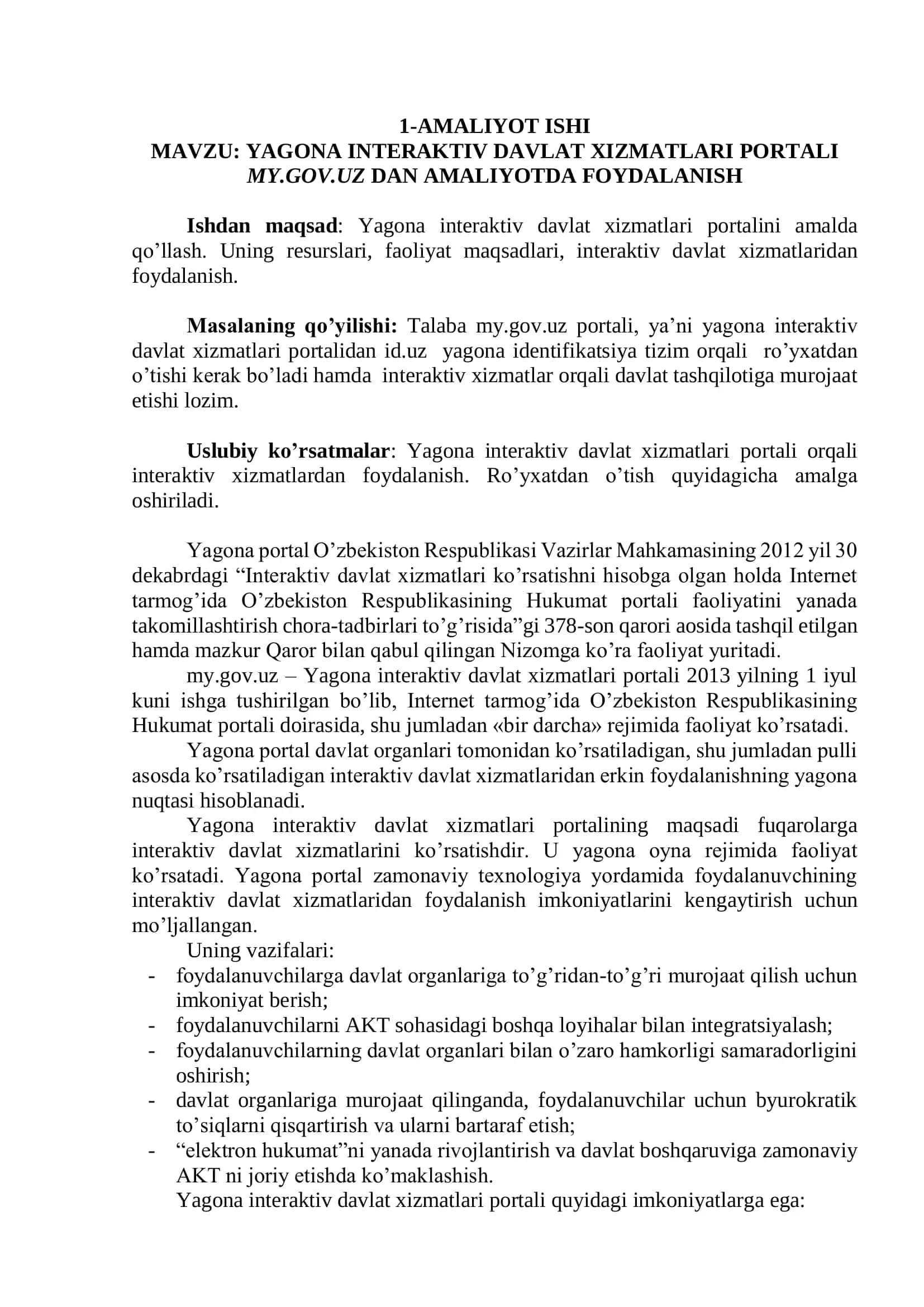 YAGONA INTERAKTIV DAVLAT XIZMATLARI PORTALI MY.GOV.UZ DAN AMALIYOTDA FOYDALANISH 1