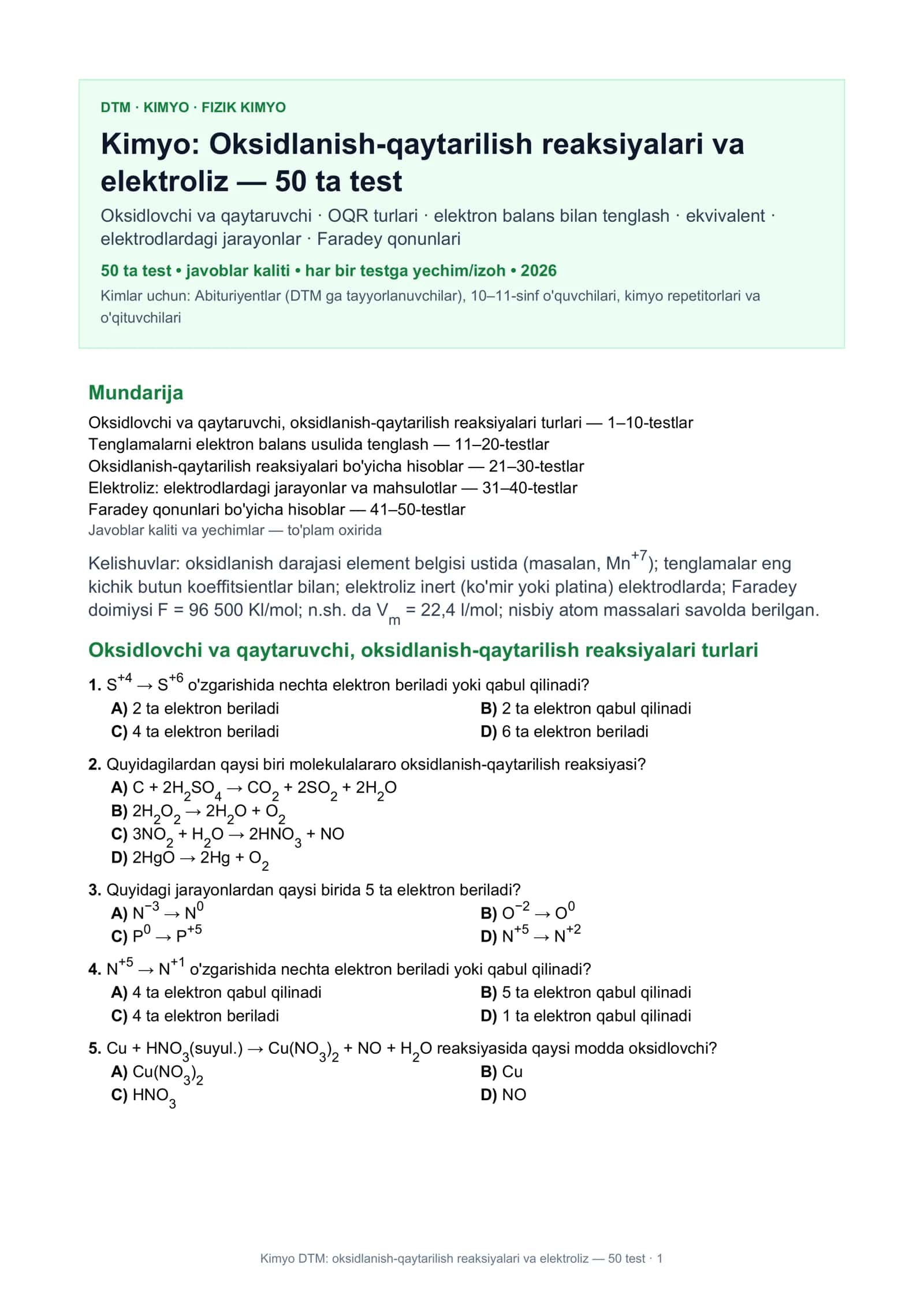 Kimyo DTM: oksidlanish-qaytarilish reaksiyalari va elektroliz 1