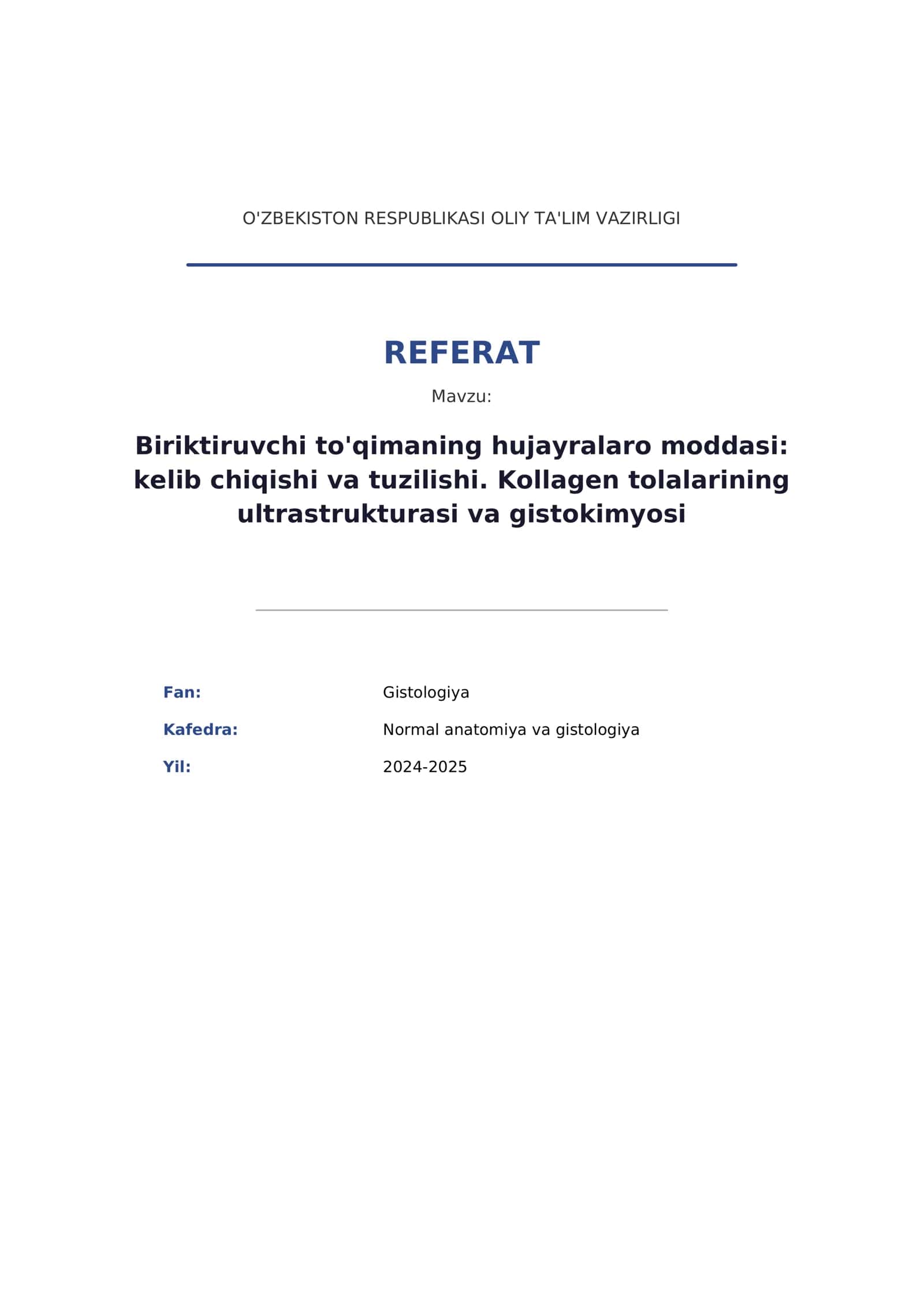 Biriktiruvchi to'qimaning hujayralaro moddasi: kelib chiqishi va tuzilishi. Kollagen tolalarining ultrastrukturasi va gistokimyosi 1