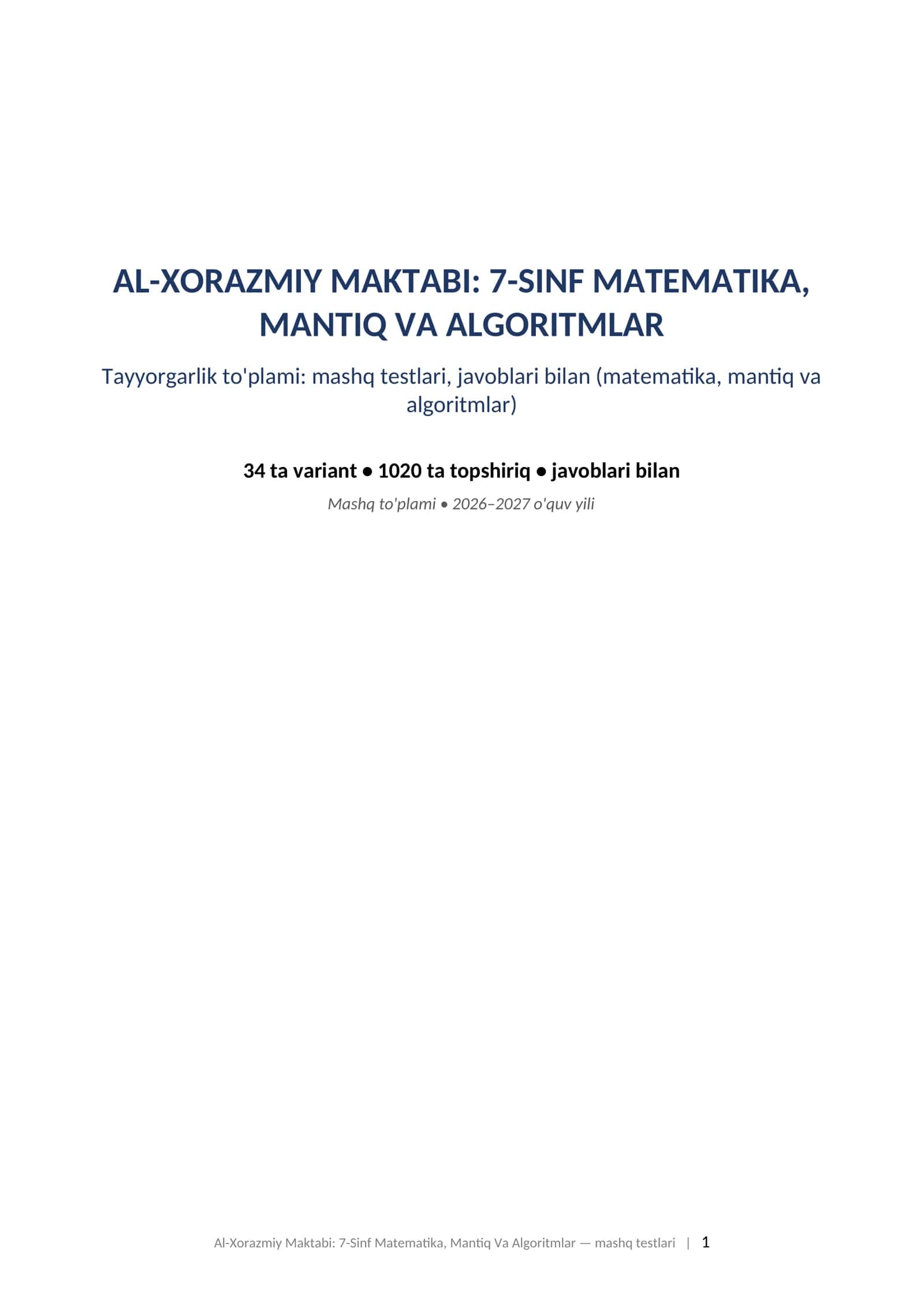 Al-Xorazmiy maktabi test namunalari 7-sinf matematika mantiq informatika javoblari bilan 2026-2027 mashq testlari 1