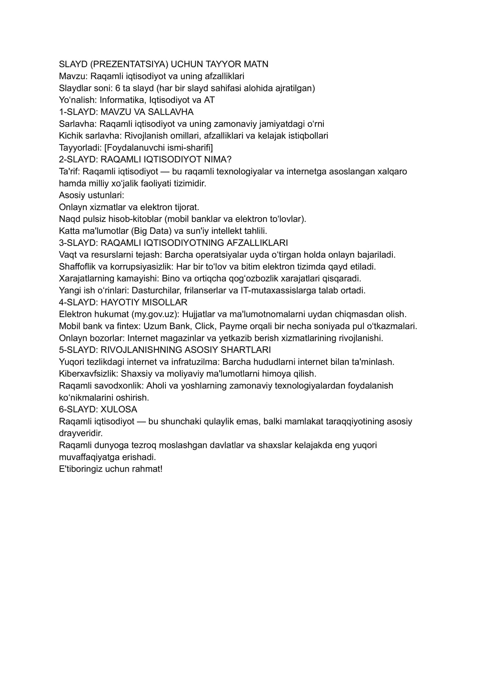 SLAYD (PREZENTATSIYA) UCHUN TAYYOR MATN 1