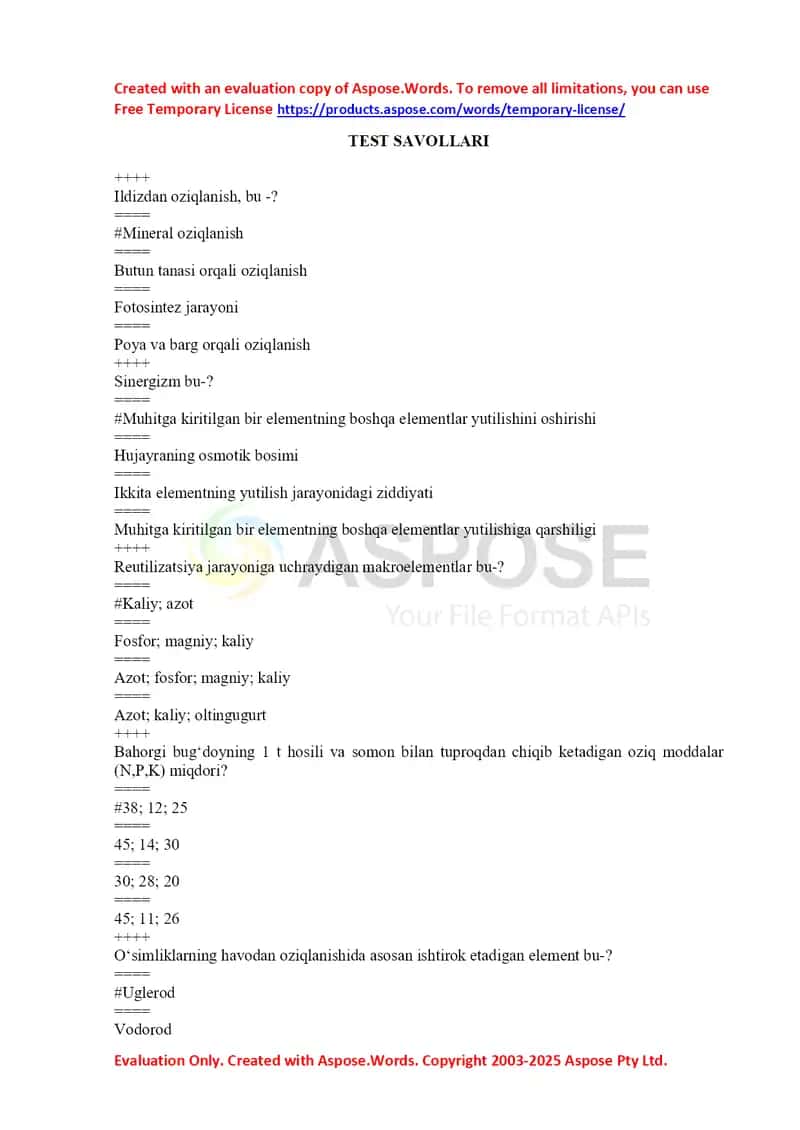 Test savollari (o‘simlik fiziologiyasi va oziqlanishi) 1