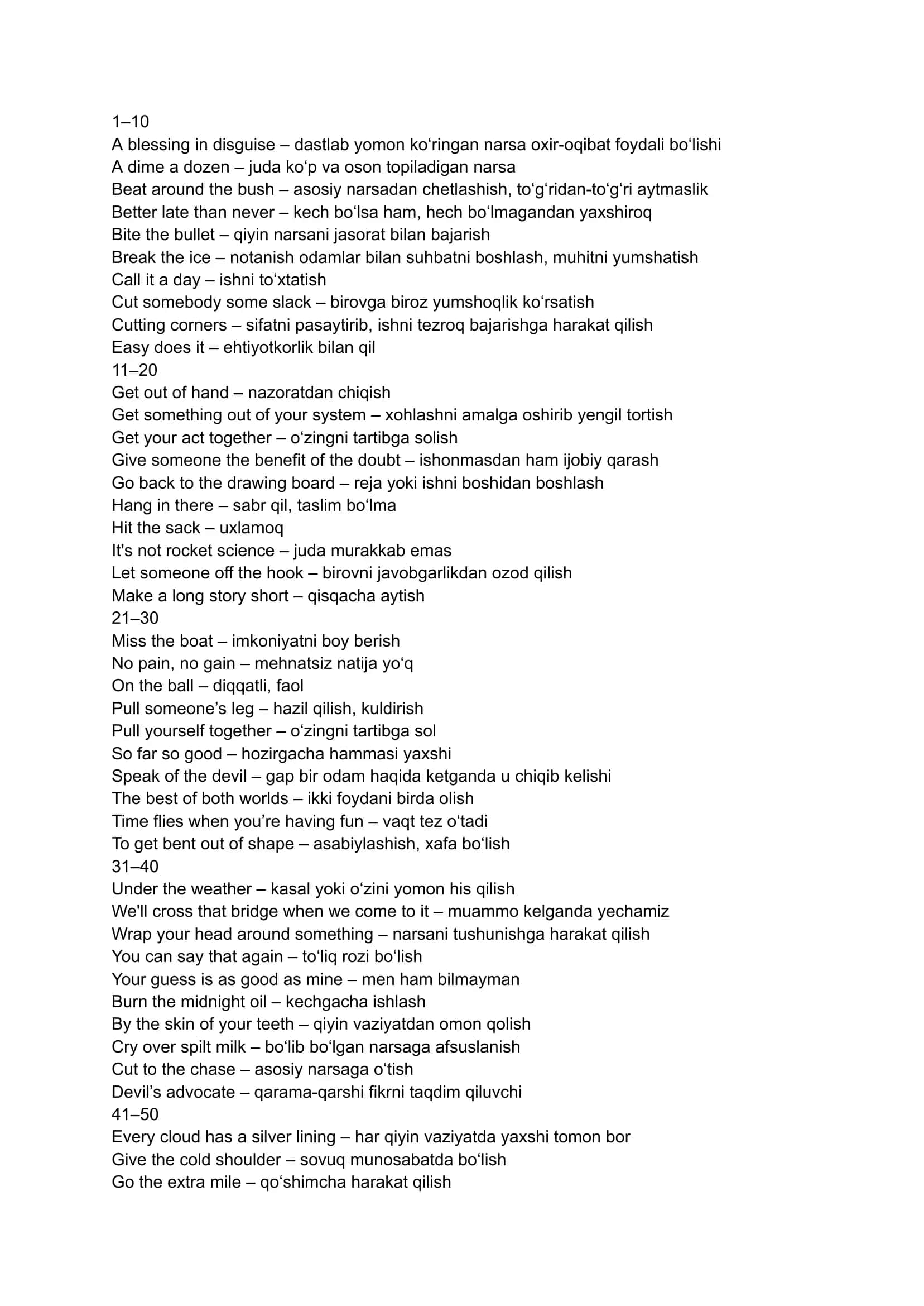 Ingliz tilidagi top 👍  Idiomalar 1
