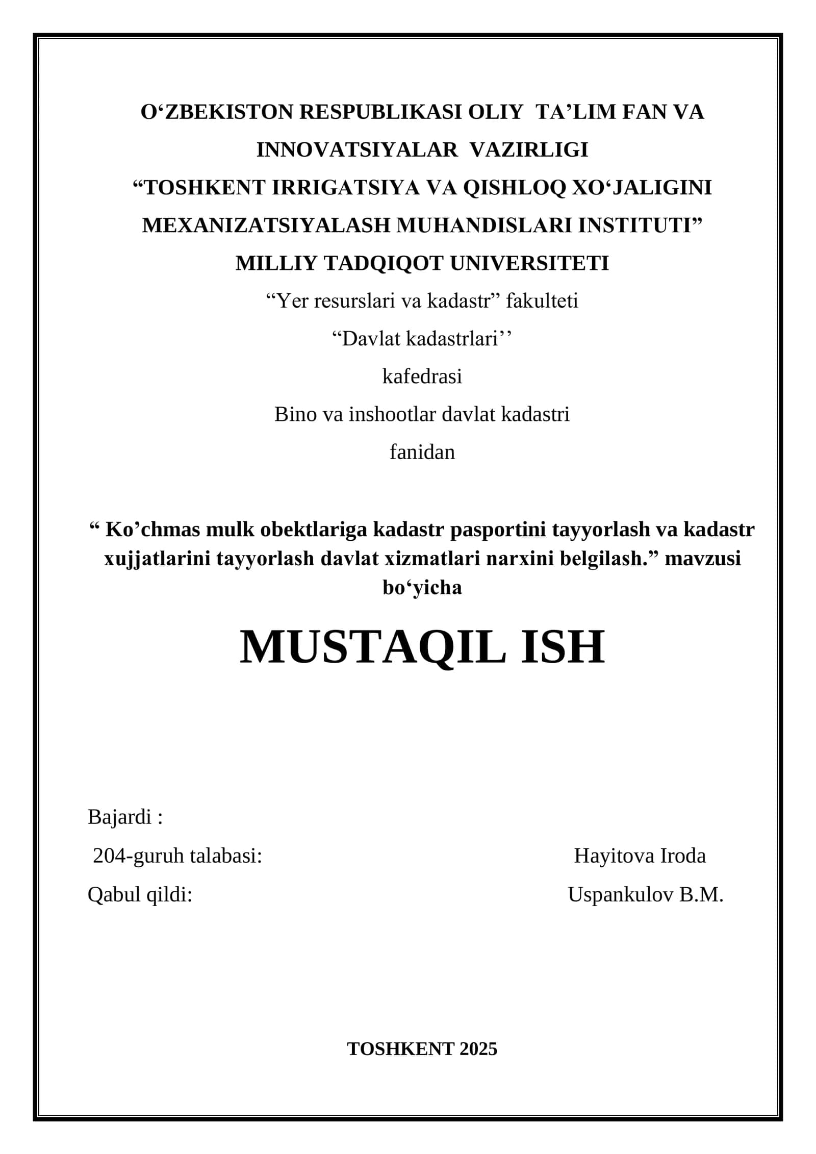 Ko‟chmas mulk obektlariga kadastr pasportini tayyorlash va kadastr xujjatlarini tayyorlash davlat xizmatlari narxini belgilash 1
