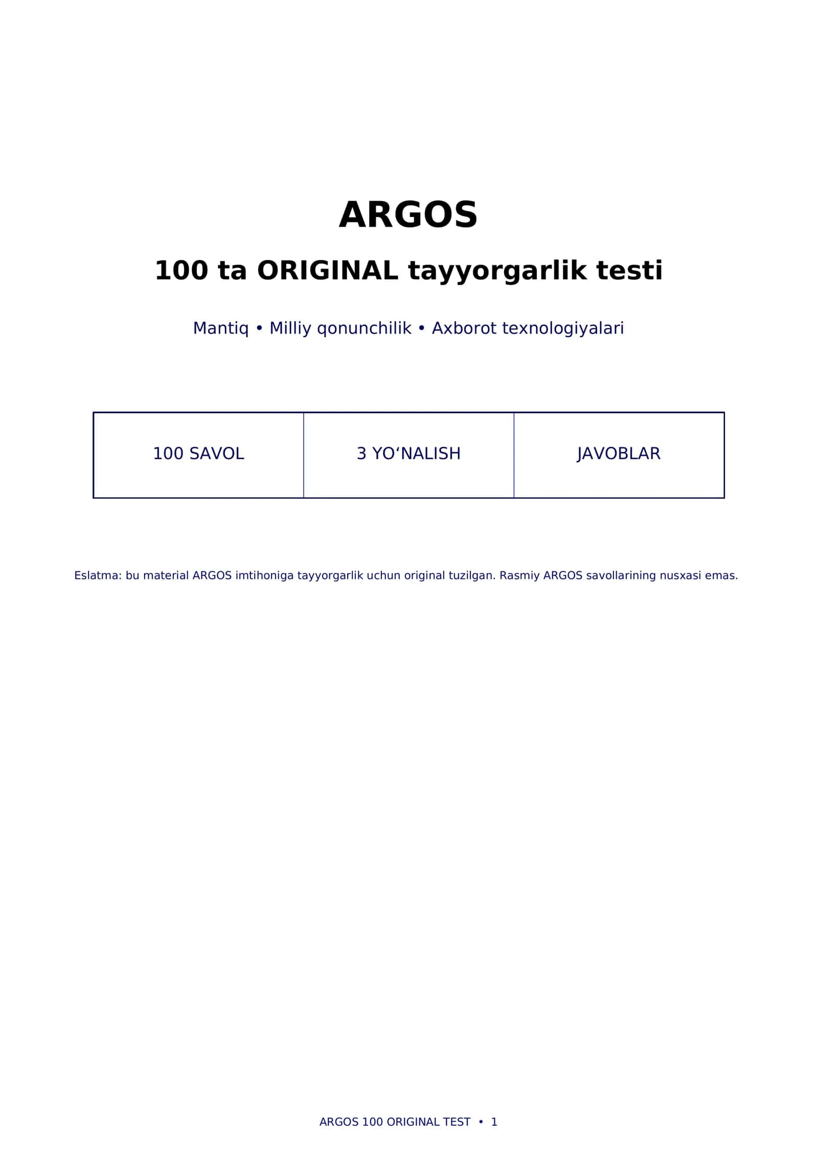 📚 ARGOS imtihoniga tayyorgarlik — 100 ta ORIGINAL test | Mantiq + Qonunchilik + IT 1