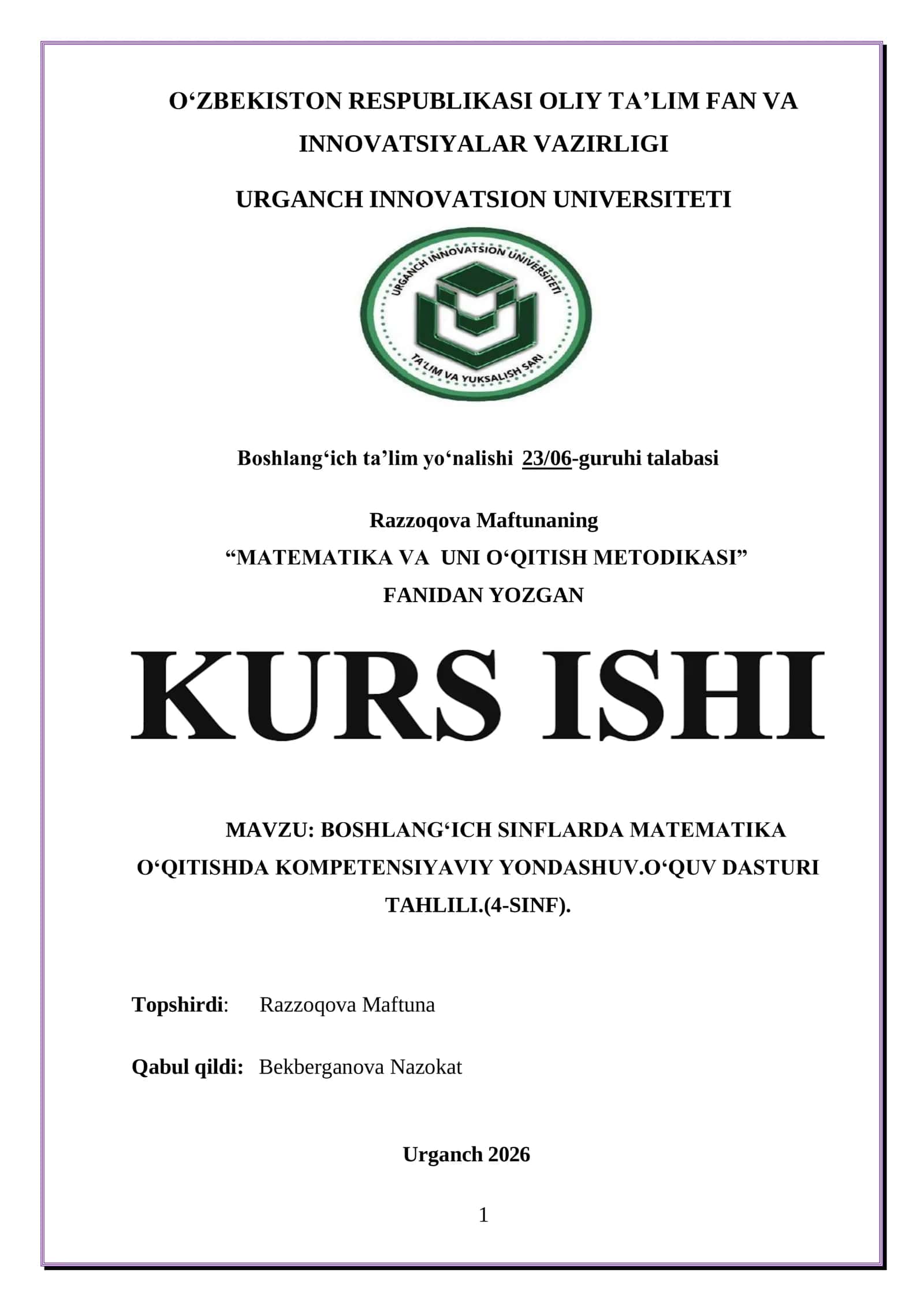 BOSHLANGʻICH SINFLARDA MATEMATIKA OʻQITISHDA KOMPETENSIYAVIY YONDASHUV.OʻQUV DASTURI TAHLILI.(4-SINF) 1