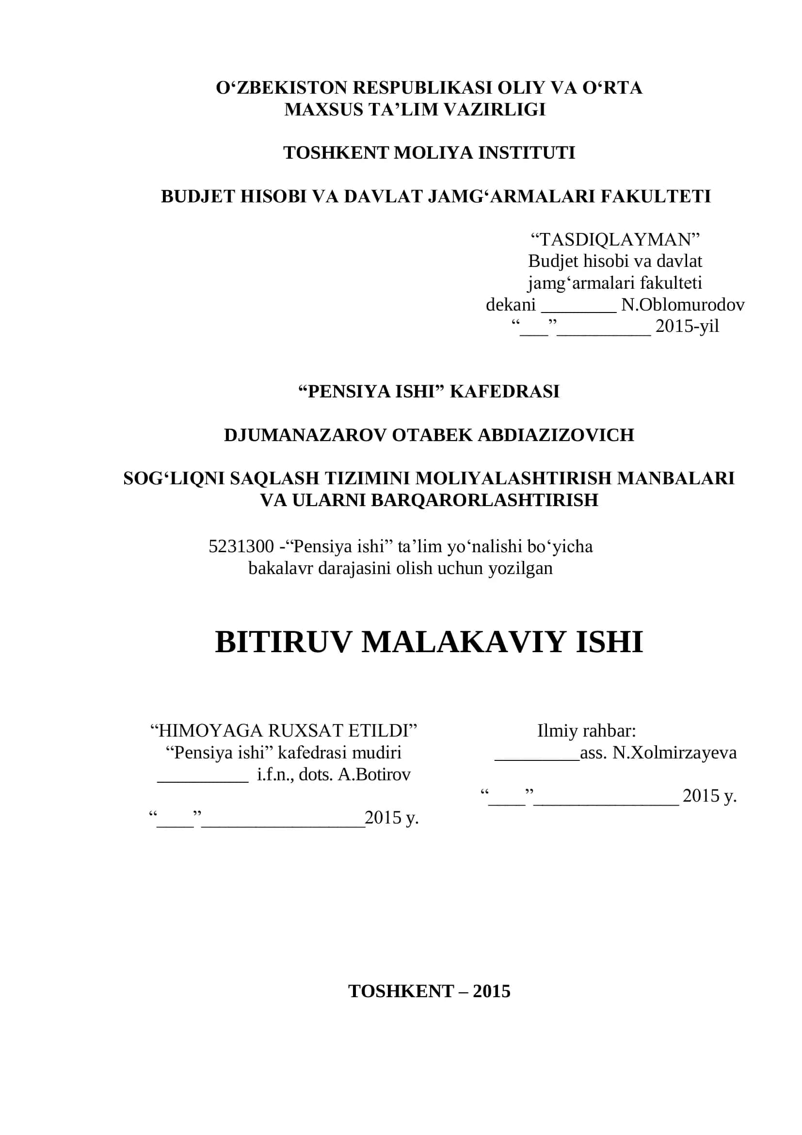 Barqaror rivojlanish uchun pensiya ishi va sog'liqni saqlash tizimini optimallashtirish manbalari bo 1