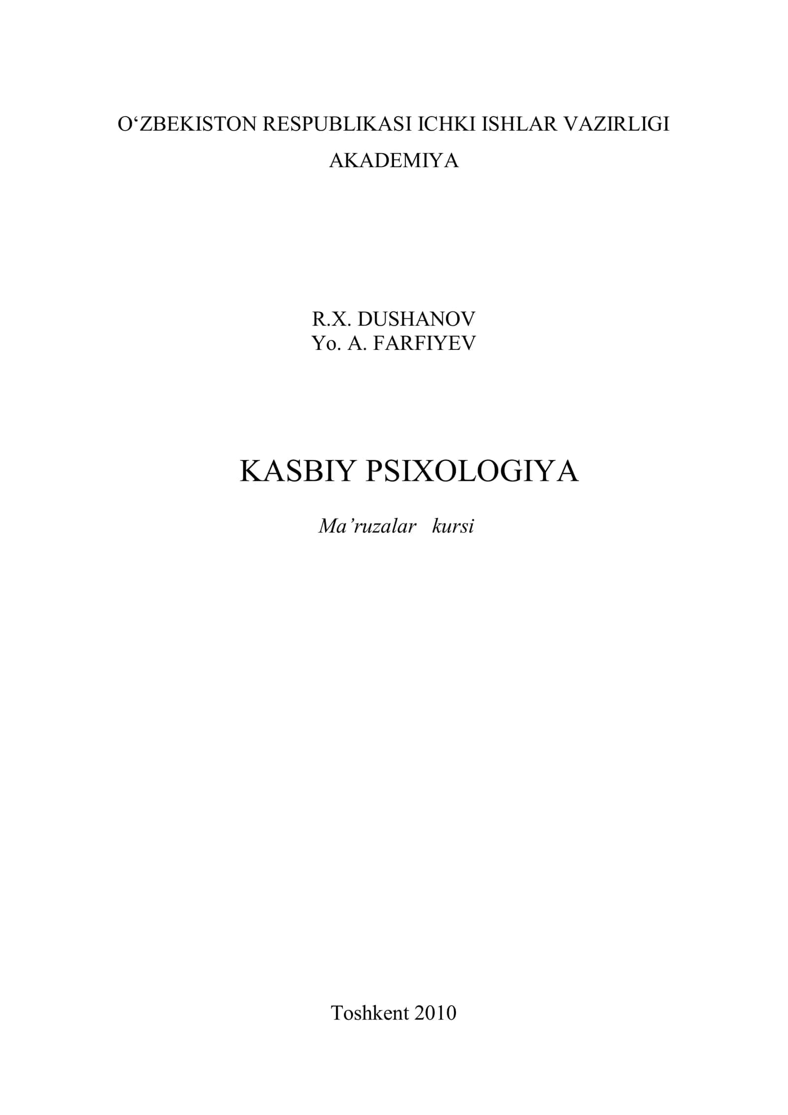 Kasbiy psixologiya: Ma'ruzalar kursi 1