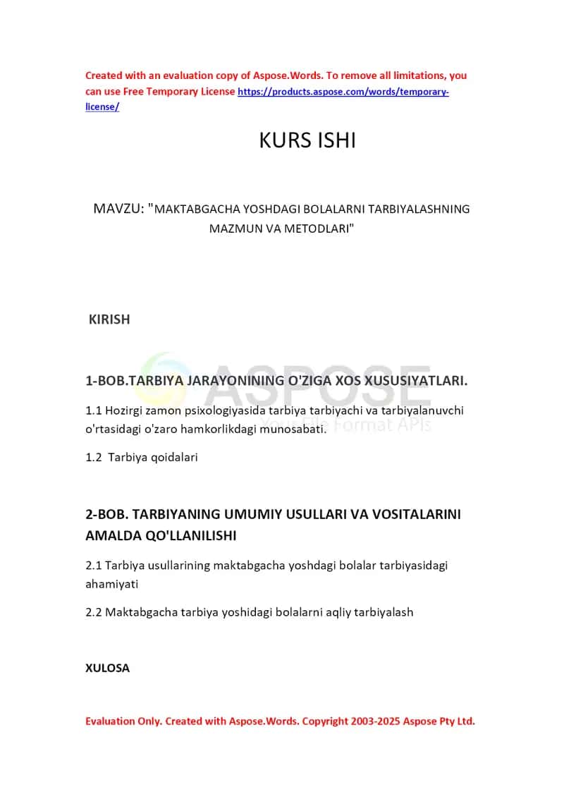 Kurs ishi: Maktabgacha yoshdagi bolalarni tarbiyalashning mazmun va metodlari 1