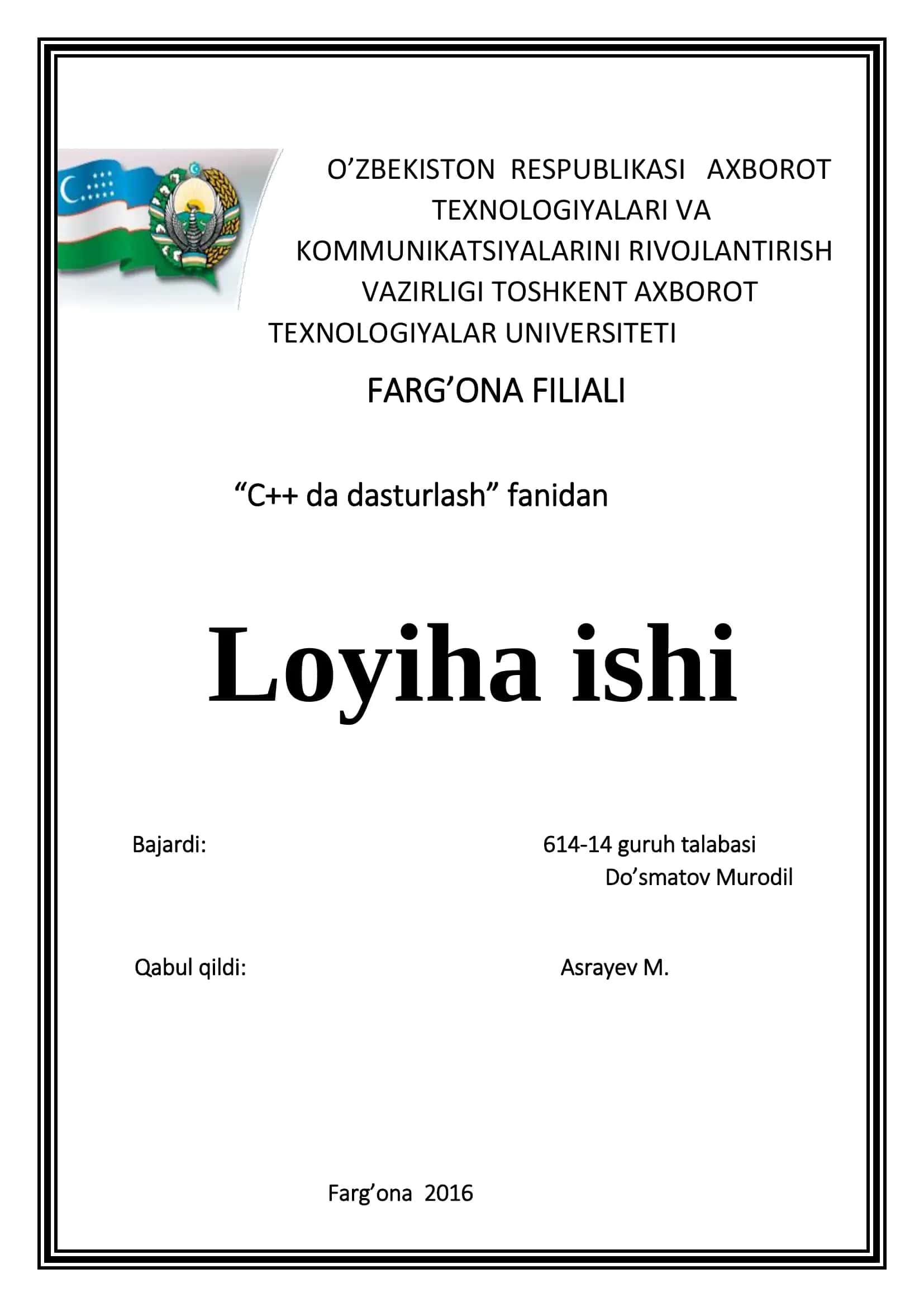 Velosipedlarni ijaraga beruvchi firmaning ma’lumotlar ombori yaratish va ijarachilarni nazorat qiluvchi dasturiy ta’minotini yaratish 1