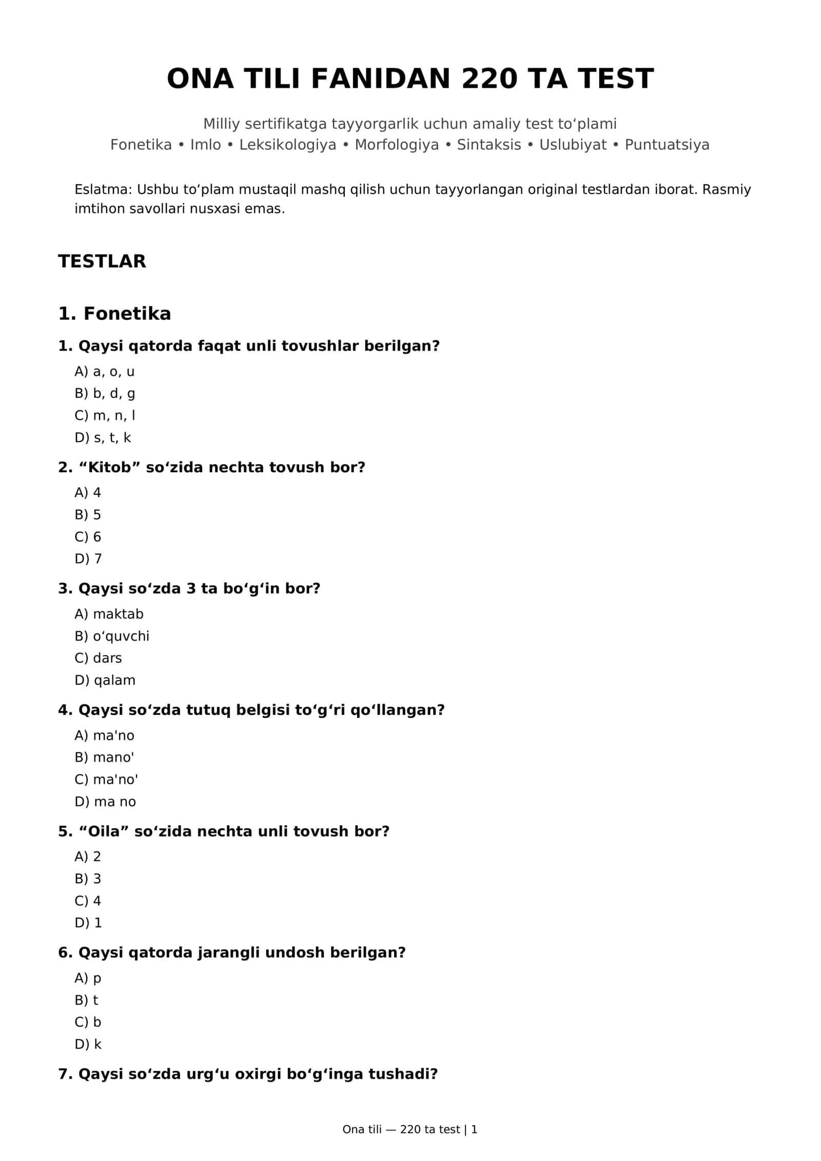 Ona tili fanidan 200+ testlar — Milliy sertifikatga tayyorgarlik 1