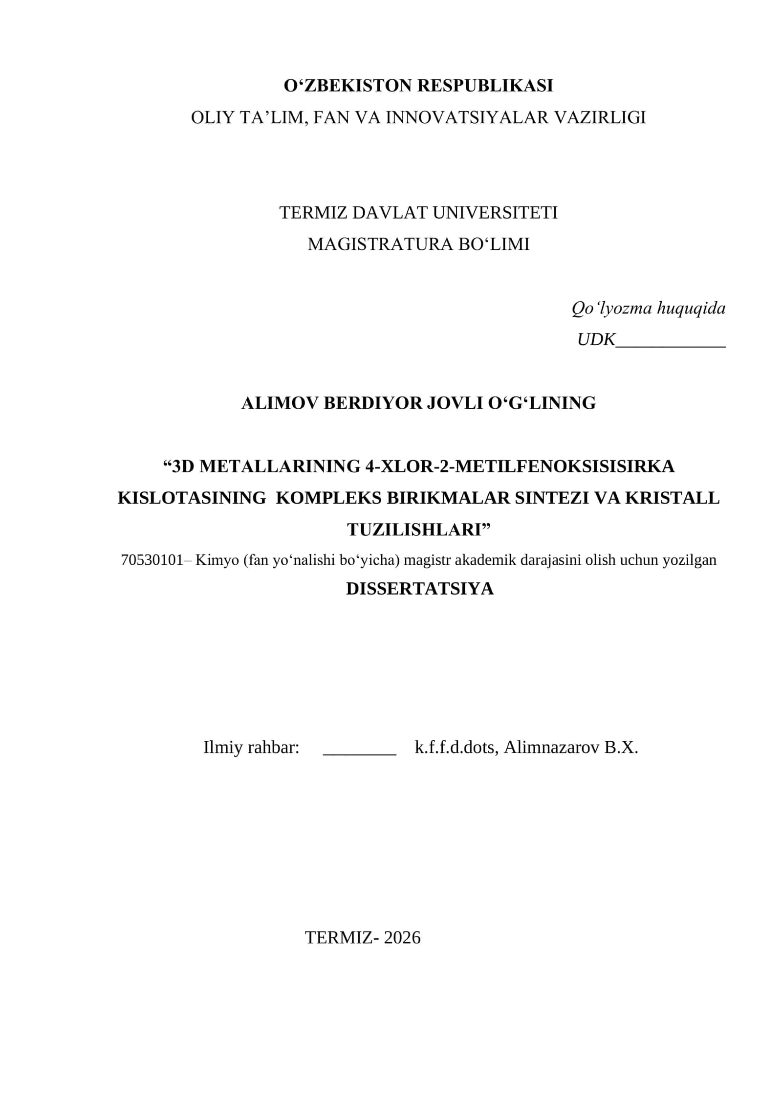 3D Metallarining 4-Xlor-2-Metilfenoksisisirka Kislota Kompleks Birikmalar Sintezi va Kristall Tuzilishlari 1